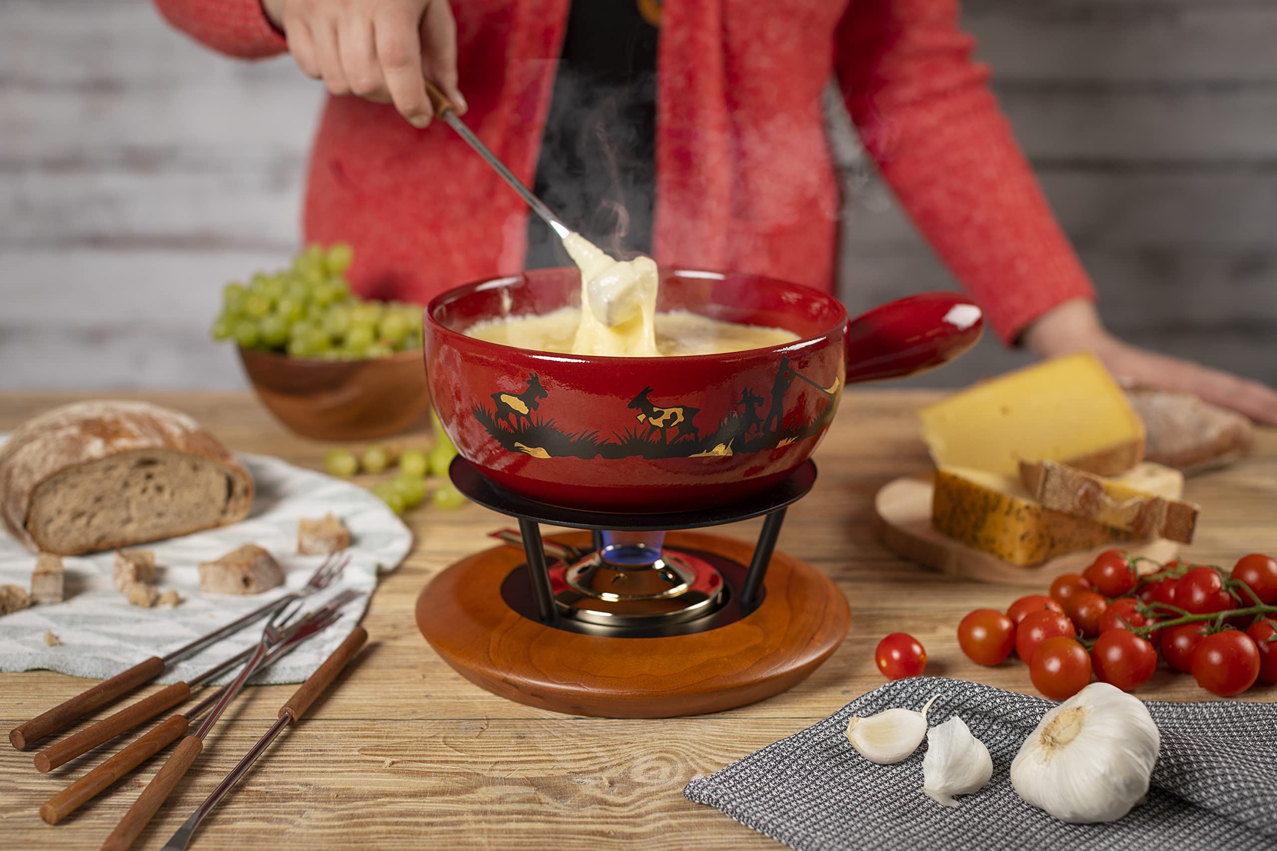 KUHN RIKON Fondue au fromage Caquelon Joueur de Cor des Alpes 22 cm, rouge