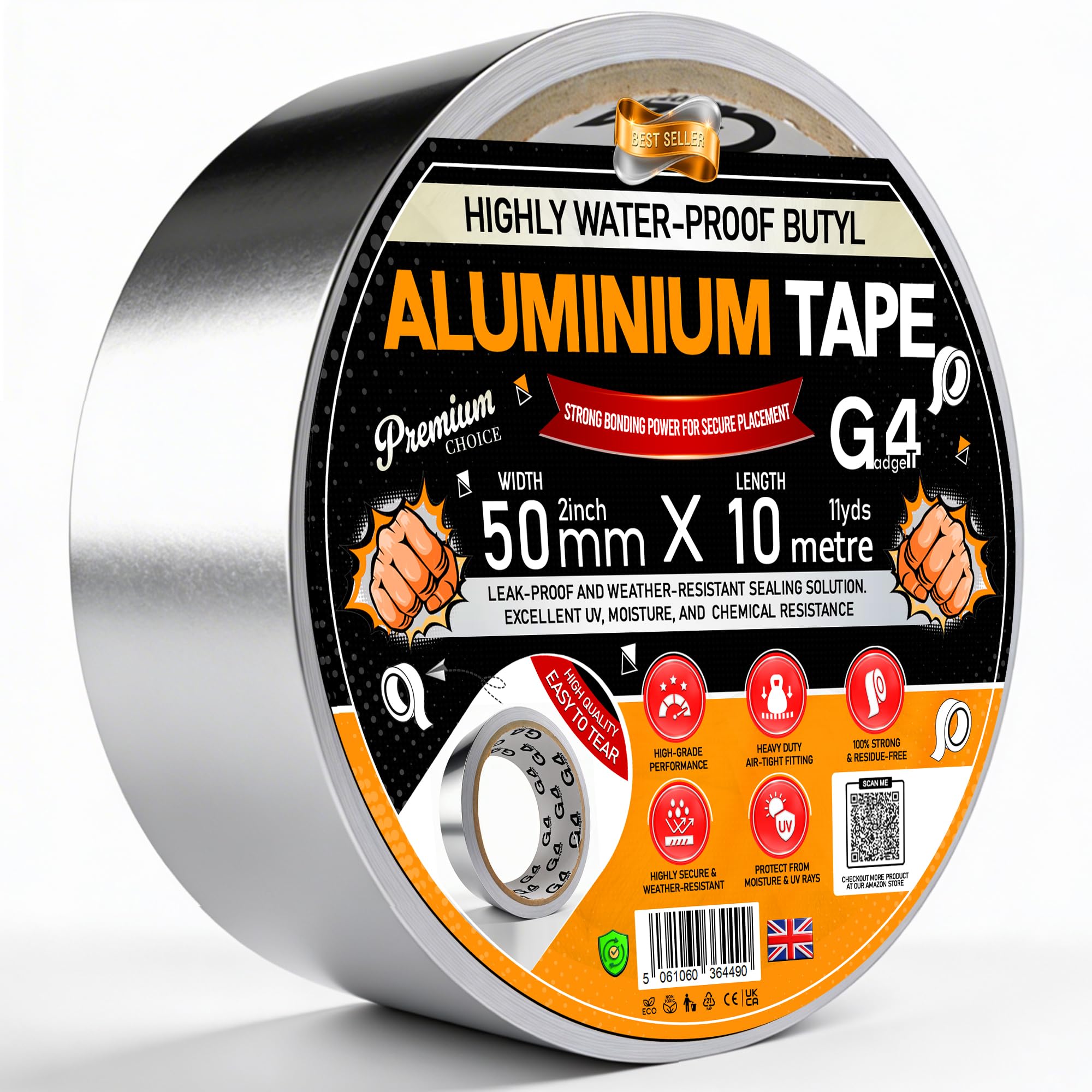 G4GADGET Aluminium Tape 50mm x 10m | Heat Resistant Silver Metal Tape for Insulation, Duct Sealing & Thermal Repairs | Strong Adhesive High Temperature Tape