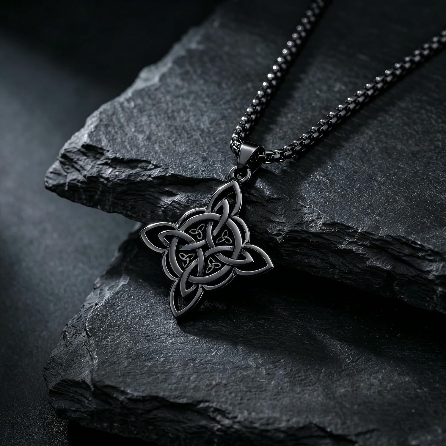 Witch Knot Necklace for Women, Stainless Steel Celtic Knot Pendant, Irish Shamrock Trinity Wiccan Jewelry Protection Amulet with 24" Box Chain