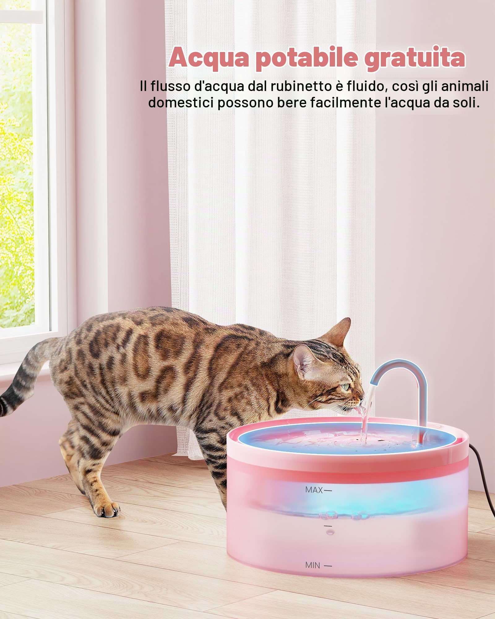 Rosa Fontanella per Gatti, 6 Pezzi Filtro + 3 Pezzi di Spugna, 3.2L Fontana per Gatti, Fontanella per Cani Pompa Ultra-Silenziosa con Luce Led, Filtraggio Profondo, Serbatoio Dell'Acqua Traslucido