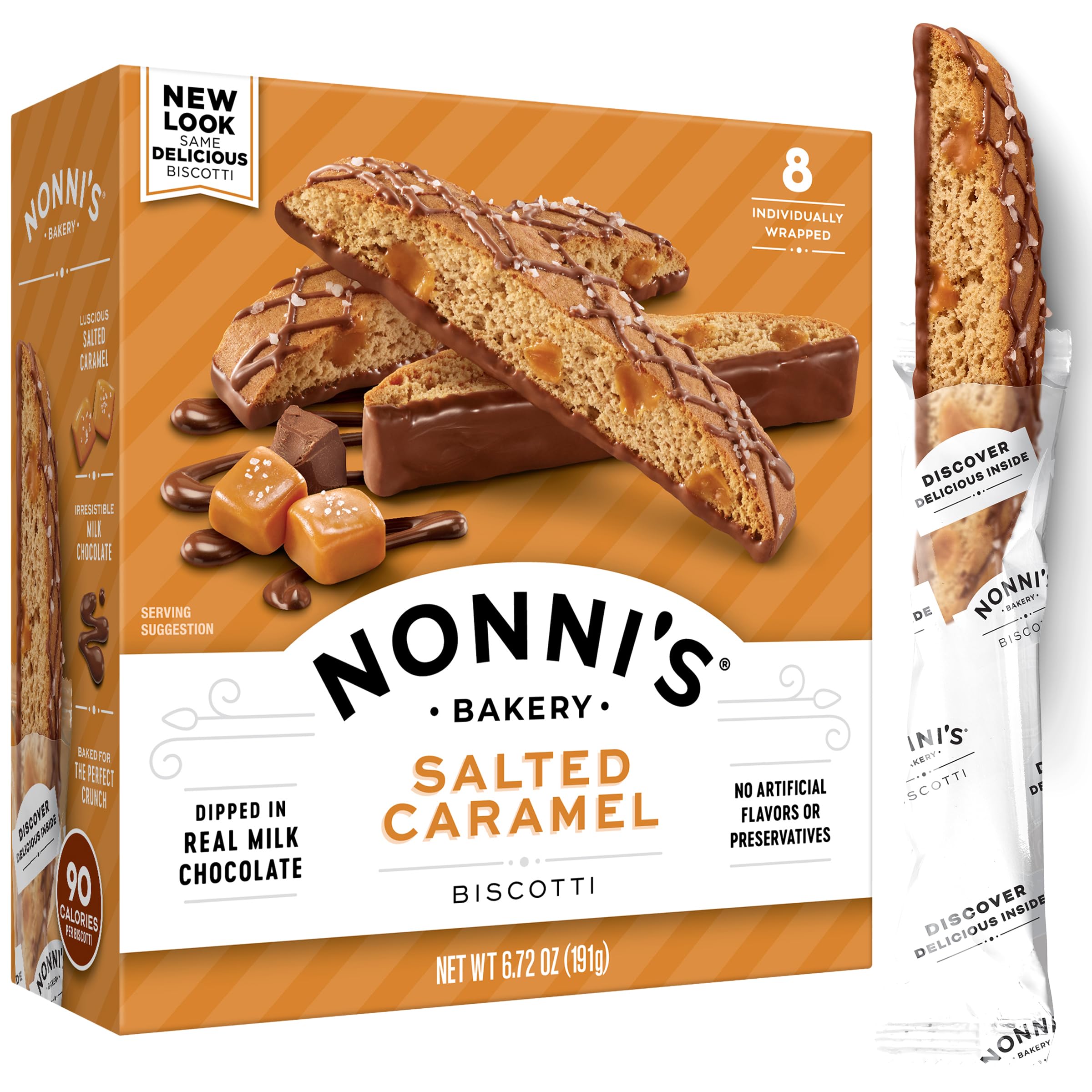 Nonni's Salted Caramel Biscotti Italian Cookies - Biscotti Individually Wrapped Cookies - Italian Biscotti Cookies w/Rich Milk Chocolate & Sea Salt - Kosher - 6.72 oz