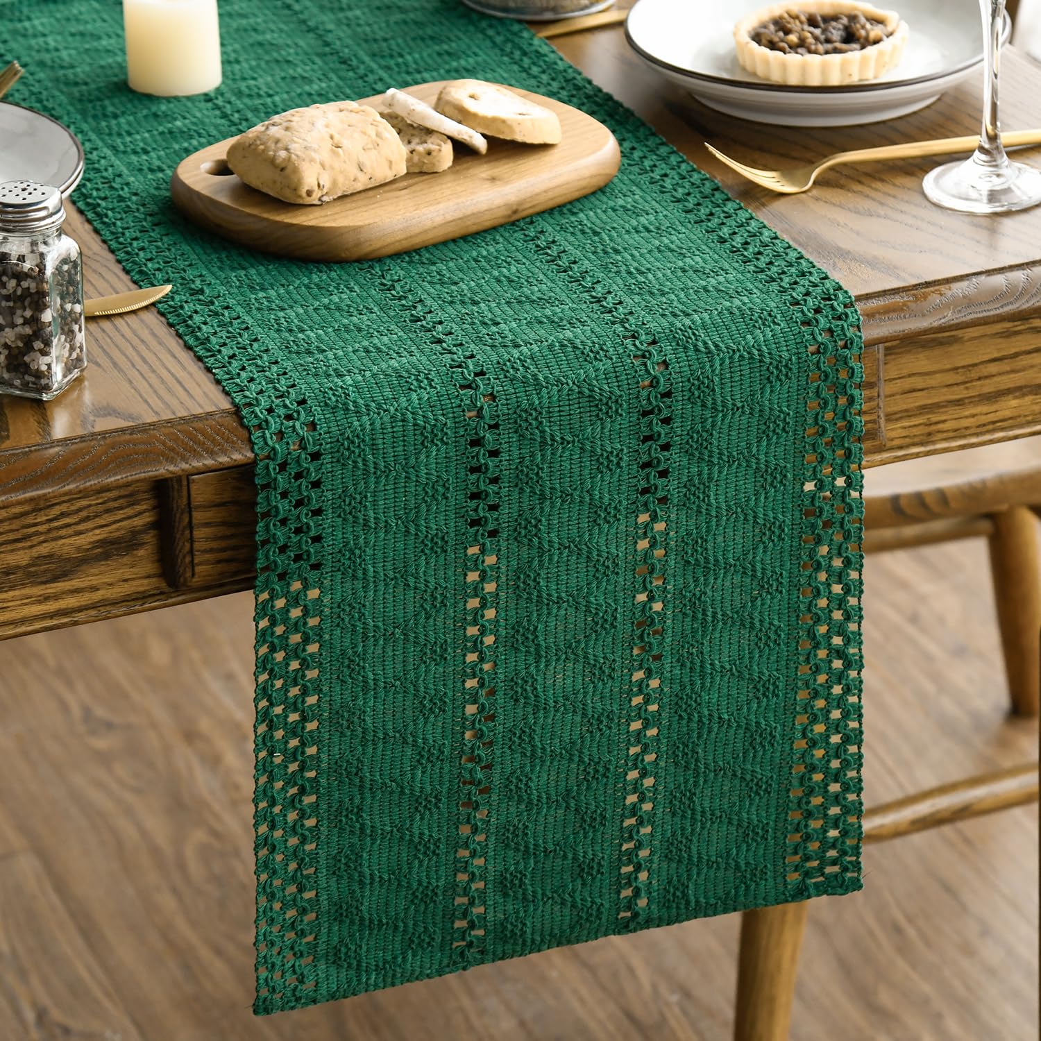 Artoid Mode Dark Green Farmhouse Woven Rustic Bohemian Table Runner 30x183 cm, Christmas Hollow Holiday Kitchen Dining Table Decoration for Home Party
