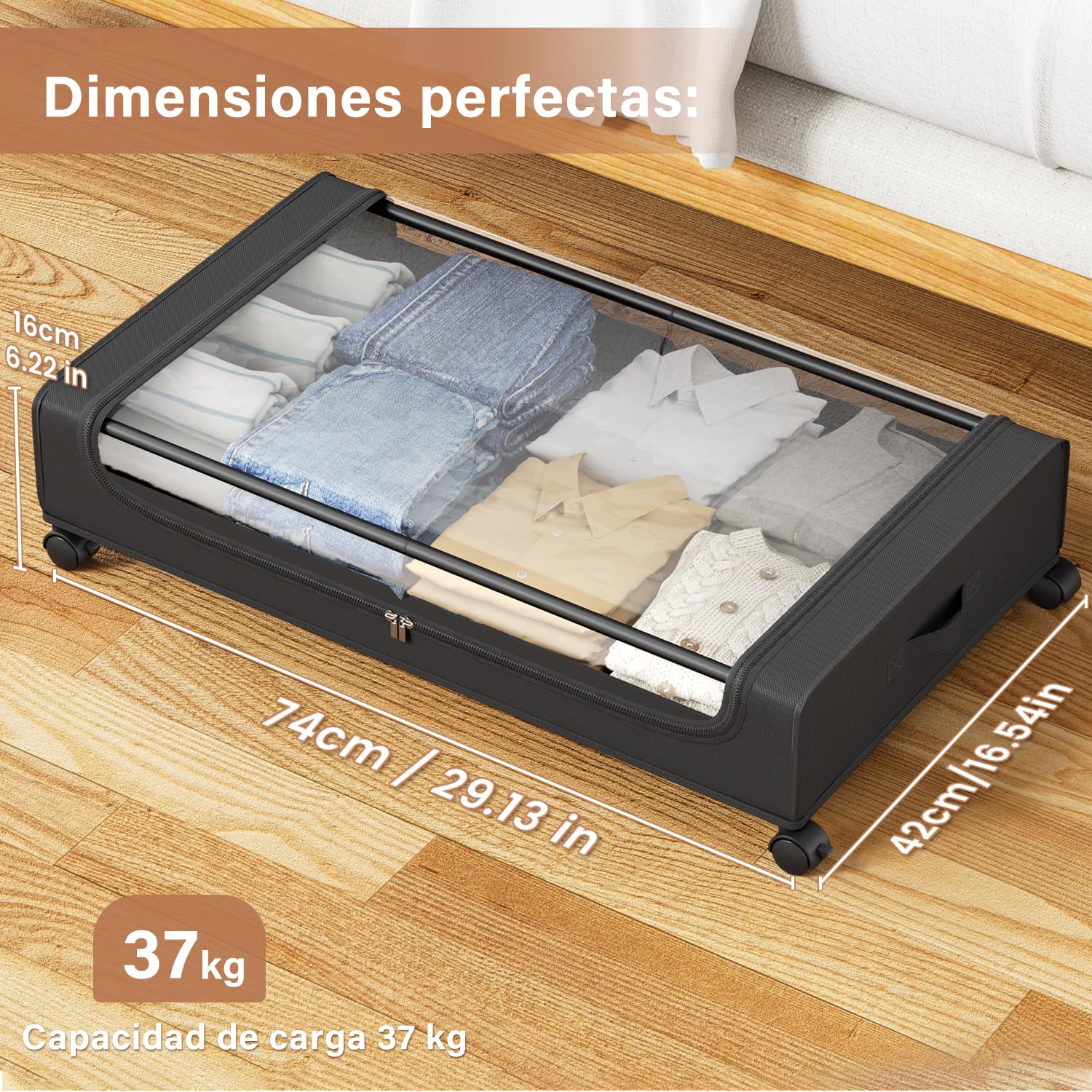 PHINOX Contenedores de almacenamiento debajo de la cama con ruedas, organizador de zapatos debajo de la cama con asas reforzadas con ventana transparente, cajón de almacenamiento grande debajo de la