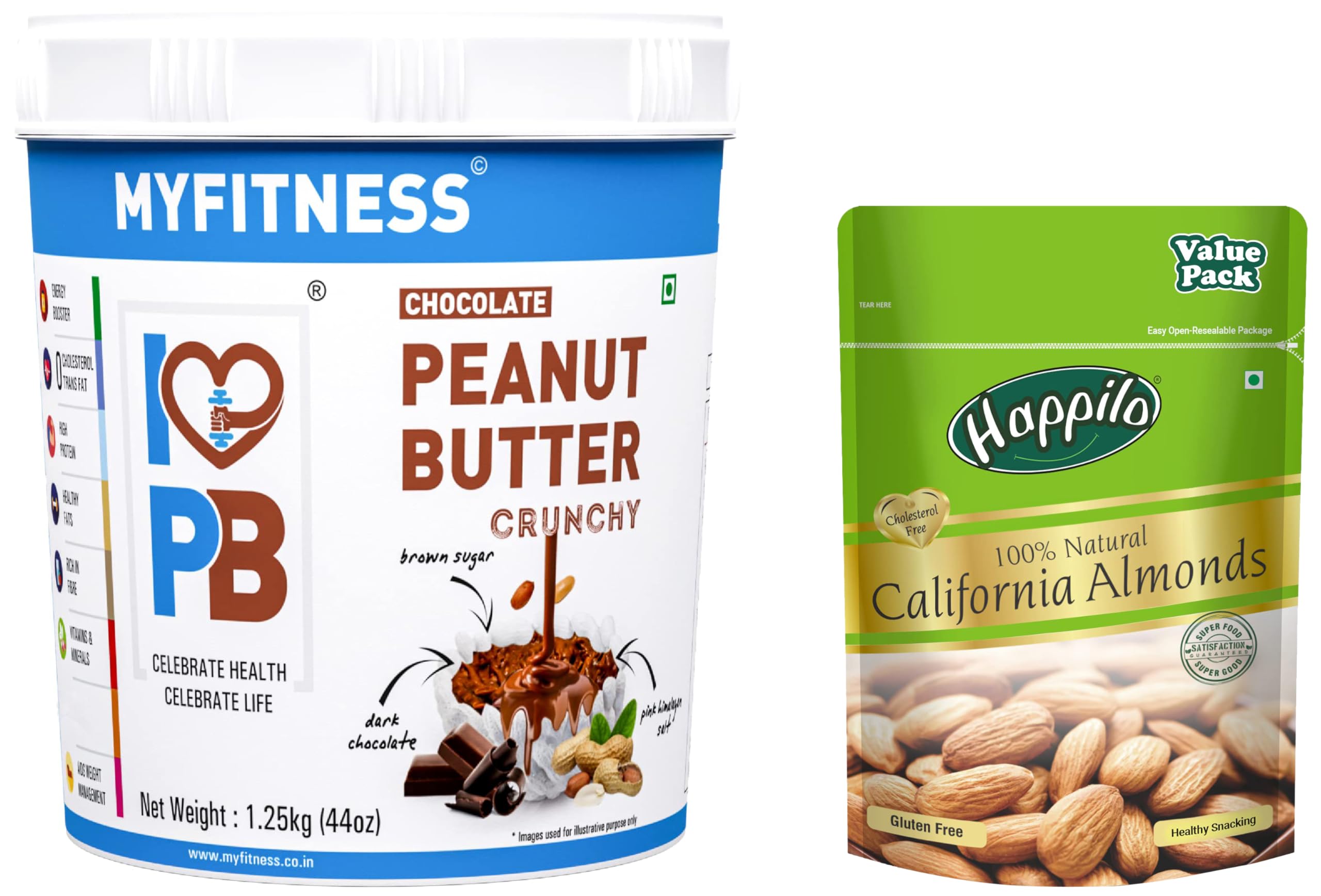 MYFITNESS Chocolate Peanut Butter Crunchy 1250g | 26g Protein & Happilo 100% Natural Premium California Dried Almonds 500g Pack Pouch