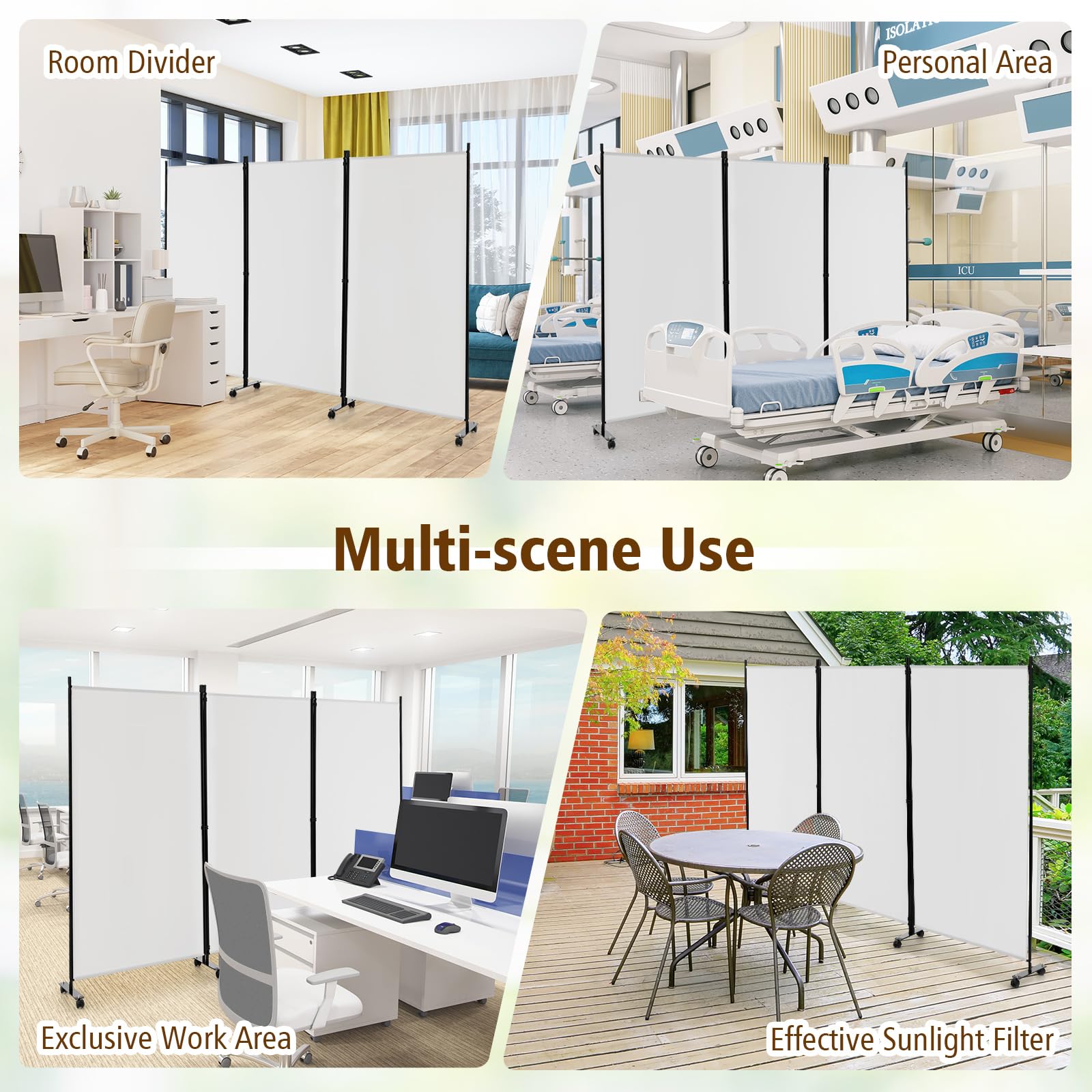 GIANTEX Biombo Plegable con Ruedas, Separador de Privacidad 3 Paneles, 262 x 180 cm, Divisor de Habitación Independiente con Patas Anchas, Pantalla de Tela para Protección Privada (Blanco)