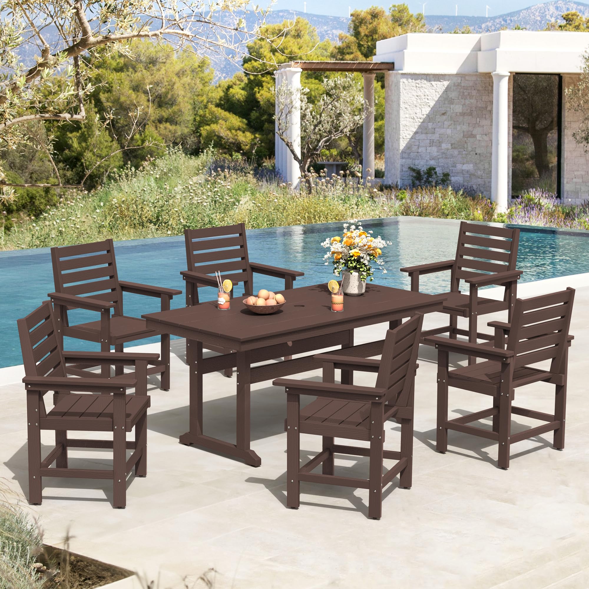 7 Piece Patio Dining Set, 66' Rectangle HDPS Table & 6 Chairs, Dark Brown