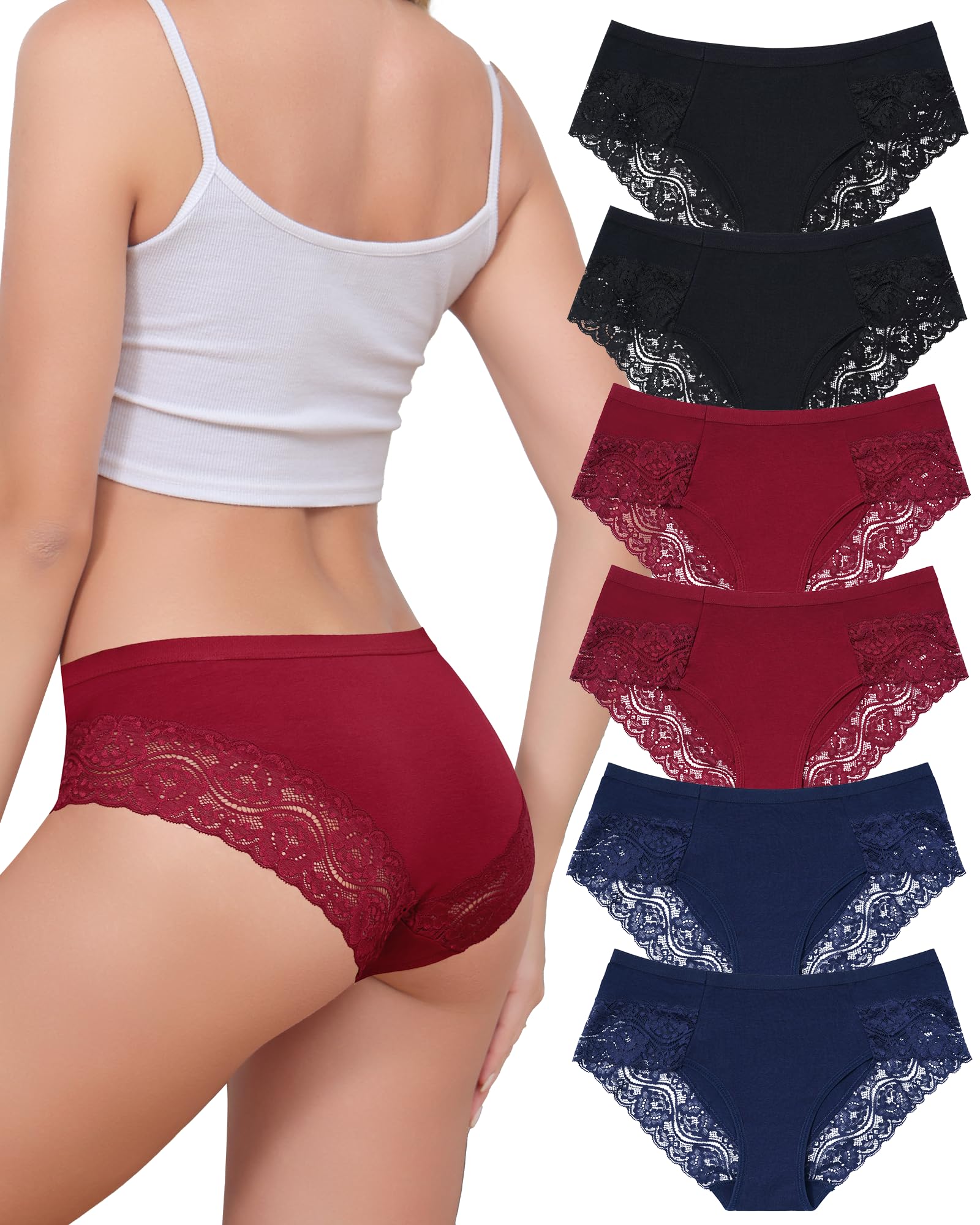 Aijolen Unterhosen Damen Baumwolle Slips mit Spitze Unterwäsche Frauen Bequeme Hipster Mittel Taille Panties Atmungsaktiv Weiche 6er Pack
