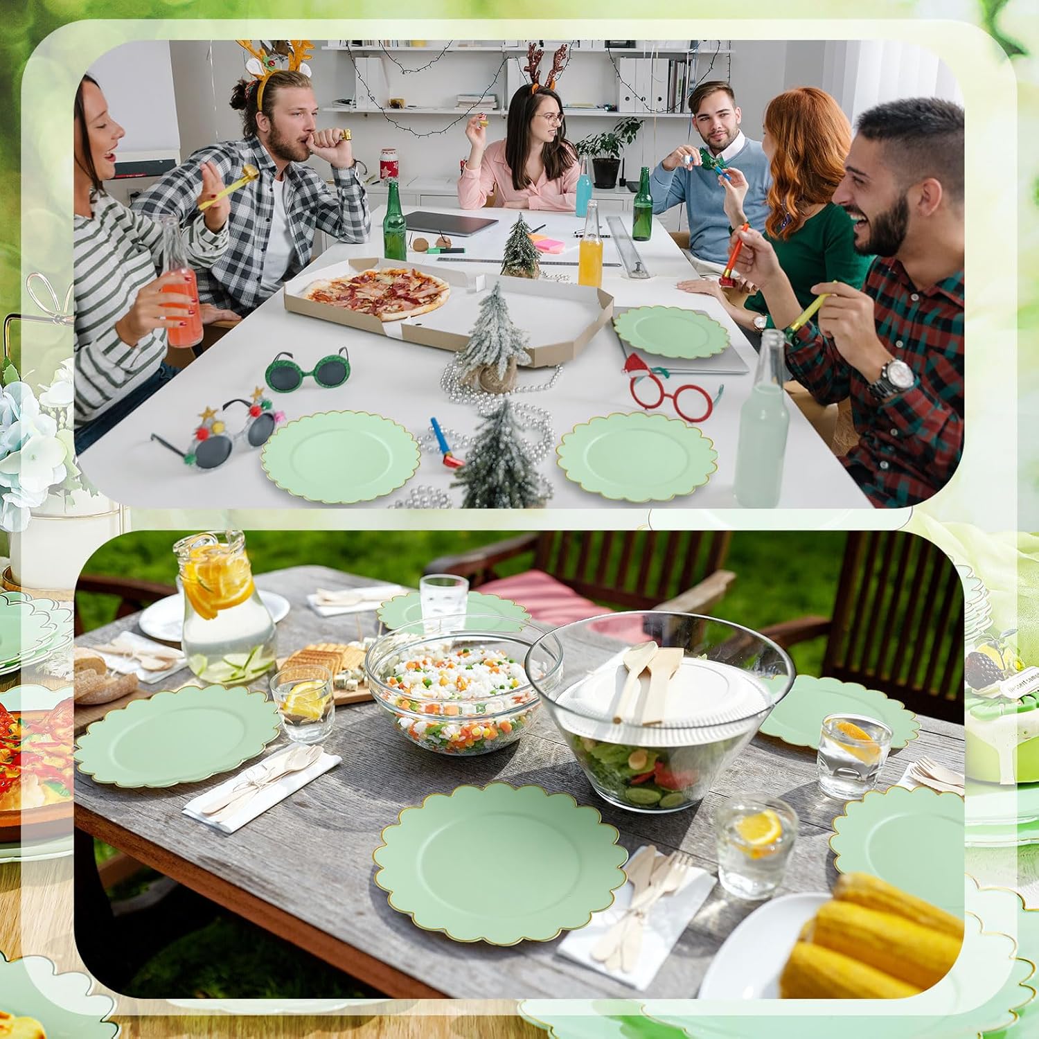 Dandat Sage Green 60 Pcs Plastic Plates Serve 30 Scalloped Disposable Plastic Dinner Dessert Plates Bulk for Spring Wedding Bridal Shower Party Decoration (10.25'',7.5'')