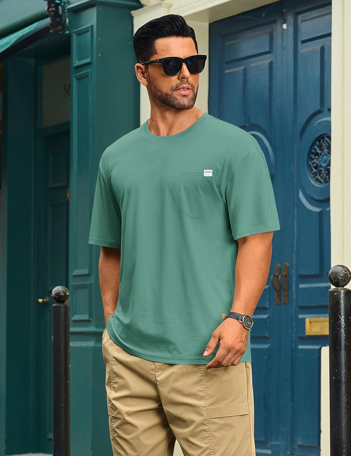 Cotrasen Men's T-Shirts Short Sleeve Crew Neck Cotton Pocket Tee Shirts UPF 50+ Casual Drop Shoulder Loose Fit Tshirts - Image 3