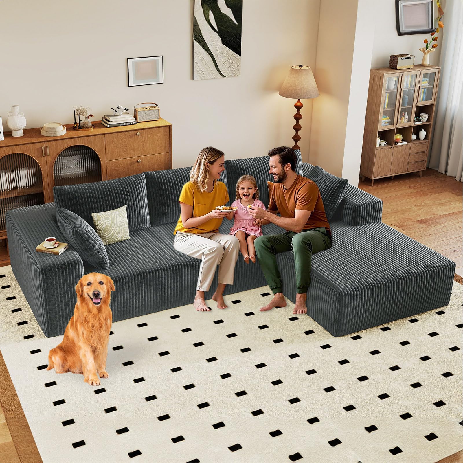96" Modular Sectional Sofa, Modern Corduroy Cloud Couch with Deep Seat, Boneless Couch Upholstered 3-Seater L-Shaped Sofa for Living Room, No Assembly Required (Dark Grey, Right-Facing Chaise)