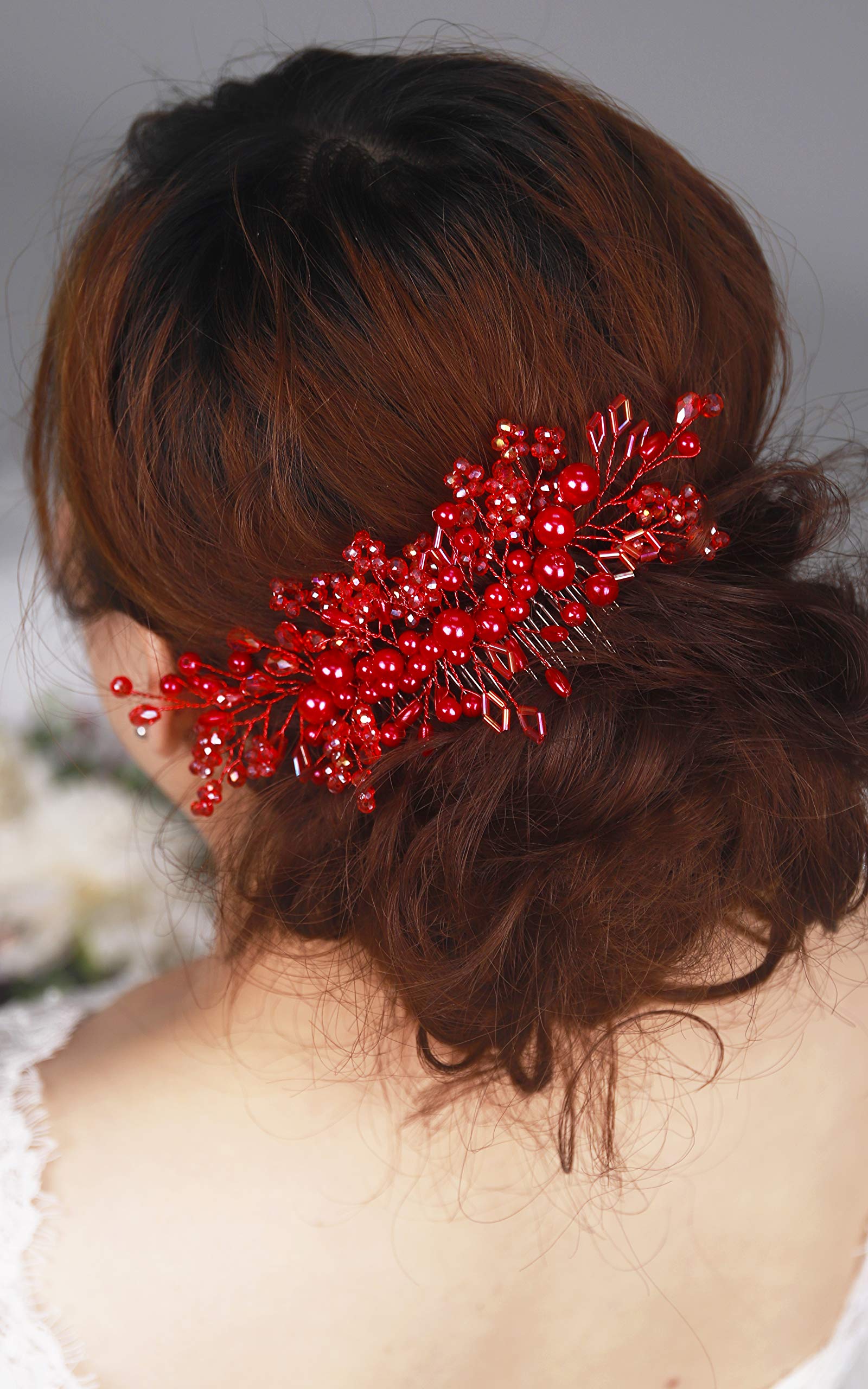HANDMADE Floral Beaded Hair Comb - Red, Green, White Coral Red Floral Comb, Bridal Flower Hair Accessories Red  main image 4