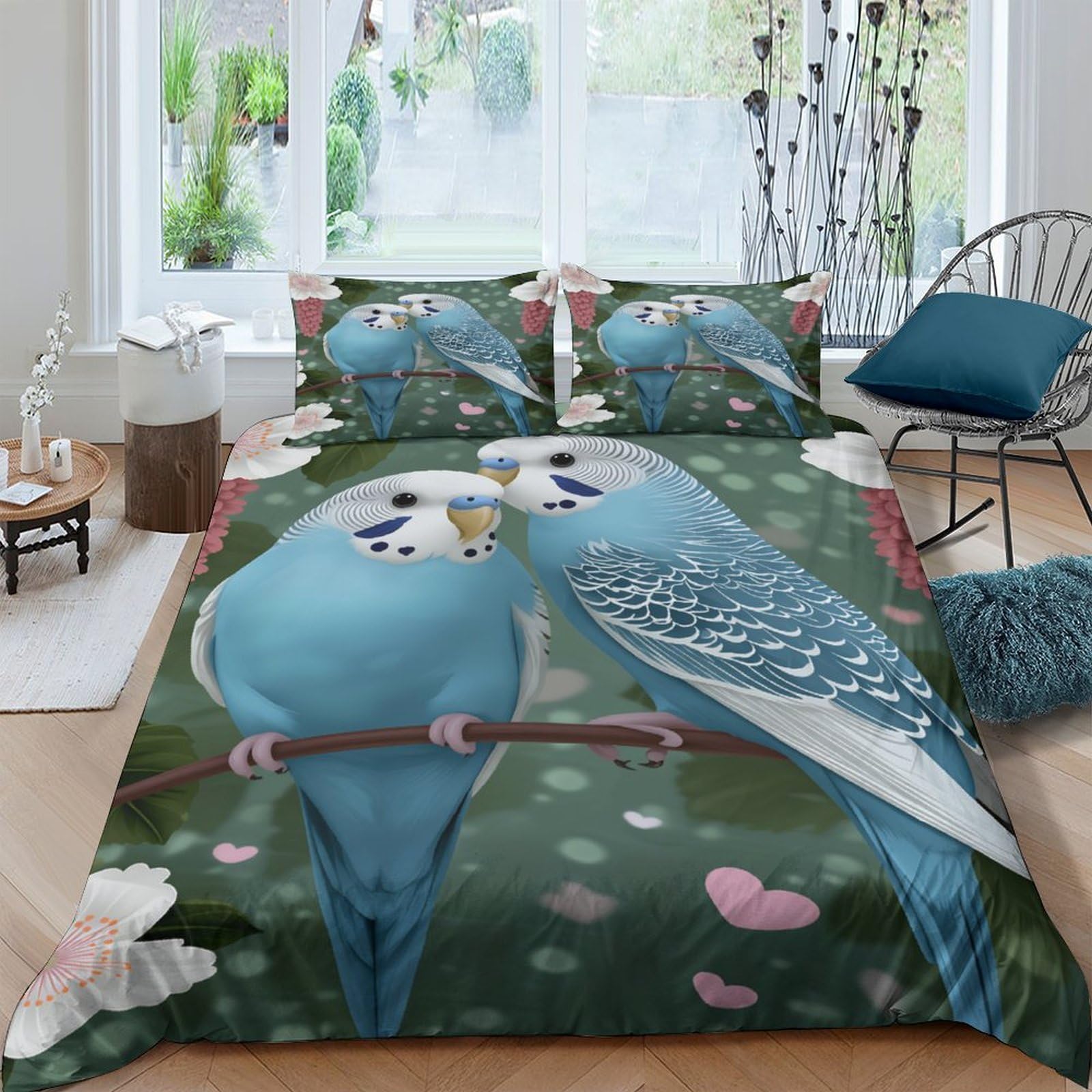 Ctjqhvkz Style-1 3D Printed Blue Parrot Fitted Sheet Microfiber Soft Anti-Slip Heart Bird Bed Cover For Bedroom Guest Room Decor Easy Care Single（135X200cm）