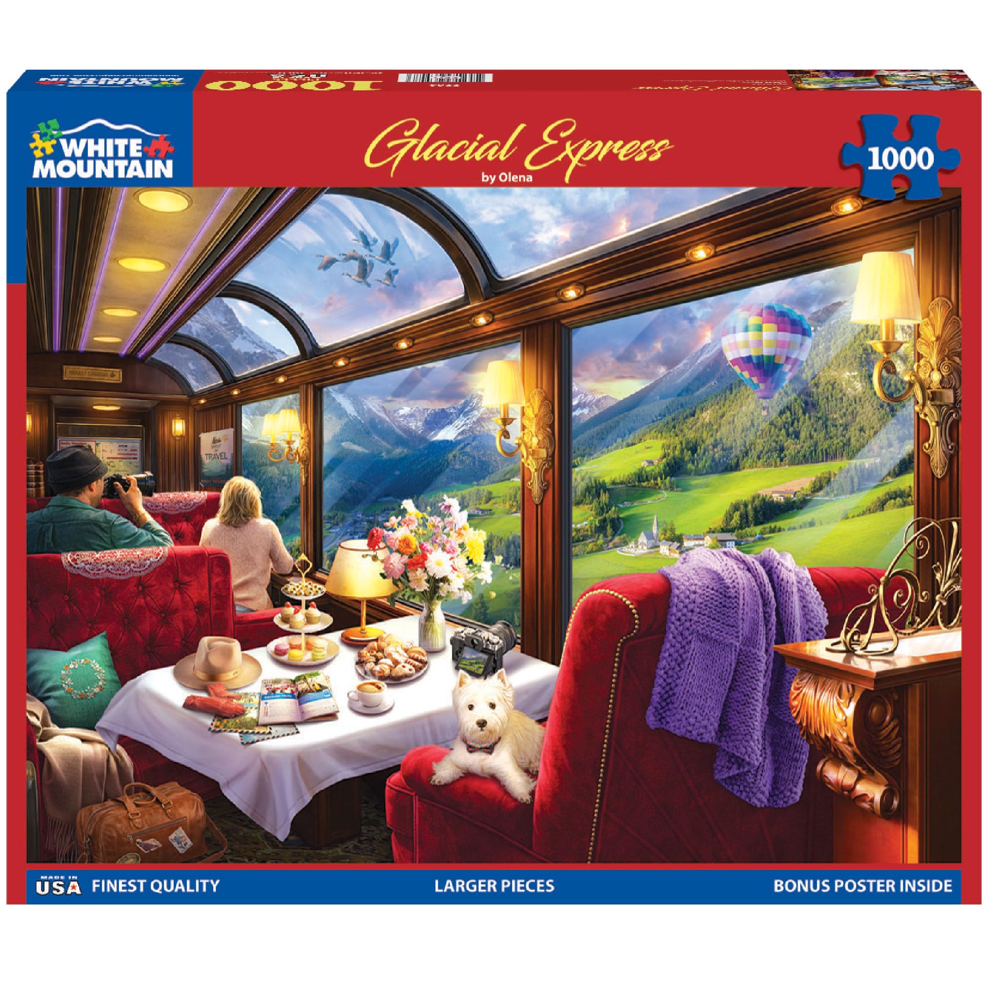 White Mountain Glacial Express 1000 Piece Jigsaw Puzzle | Vintage Train Observation Car Puzzle with Alpine Mountains, Larger Pieces, Bonus Poster, Finished Size 24” x 30