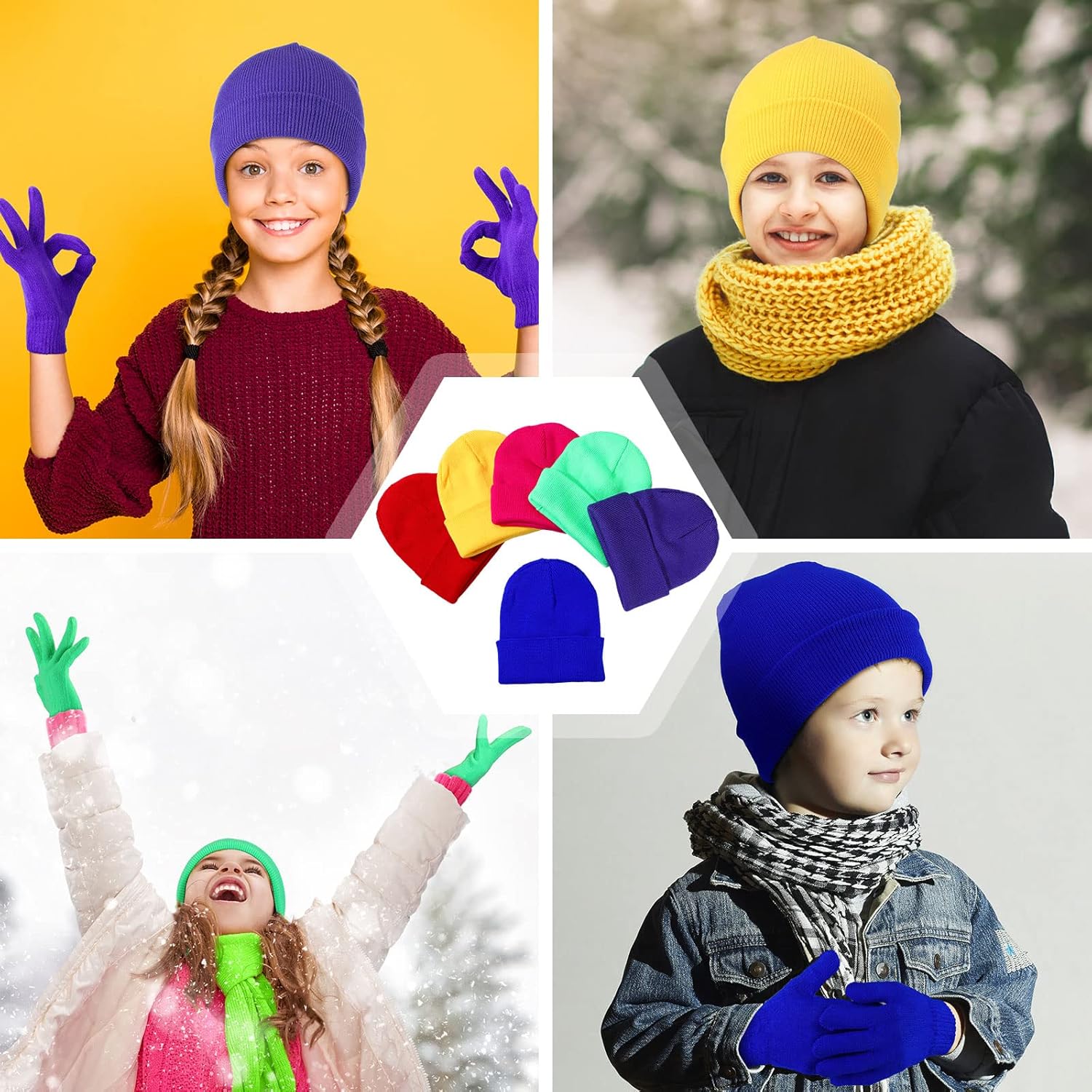 Handepo 12 Pcs Neon Beanies Gloves Set Warm Slouchy Beanie Cap Hats Unisex Knit Thermal Winter Gloves for Boys Girls - Image 6