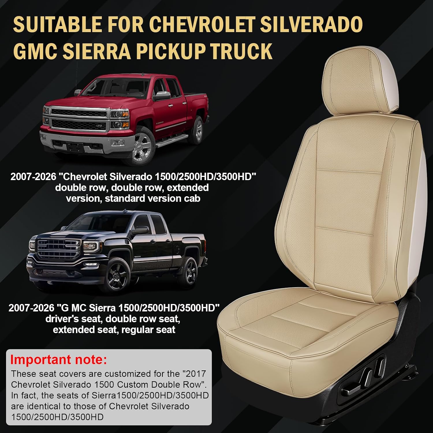 Seat Covers Fit for Chevy Chevrolet Silverado GMC Sierra Custom Fit 2007-2025 2026 1500 2500 3500HD Waterproof Faux Leather Car Seat Cover Full Coverage Car Seat Covers Sets (Beige, FullSet)