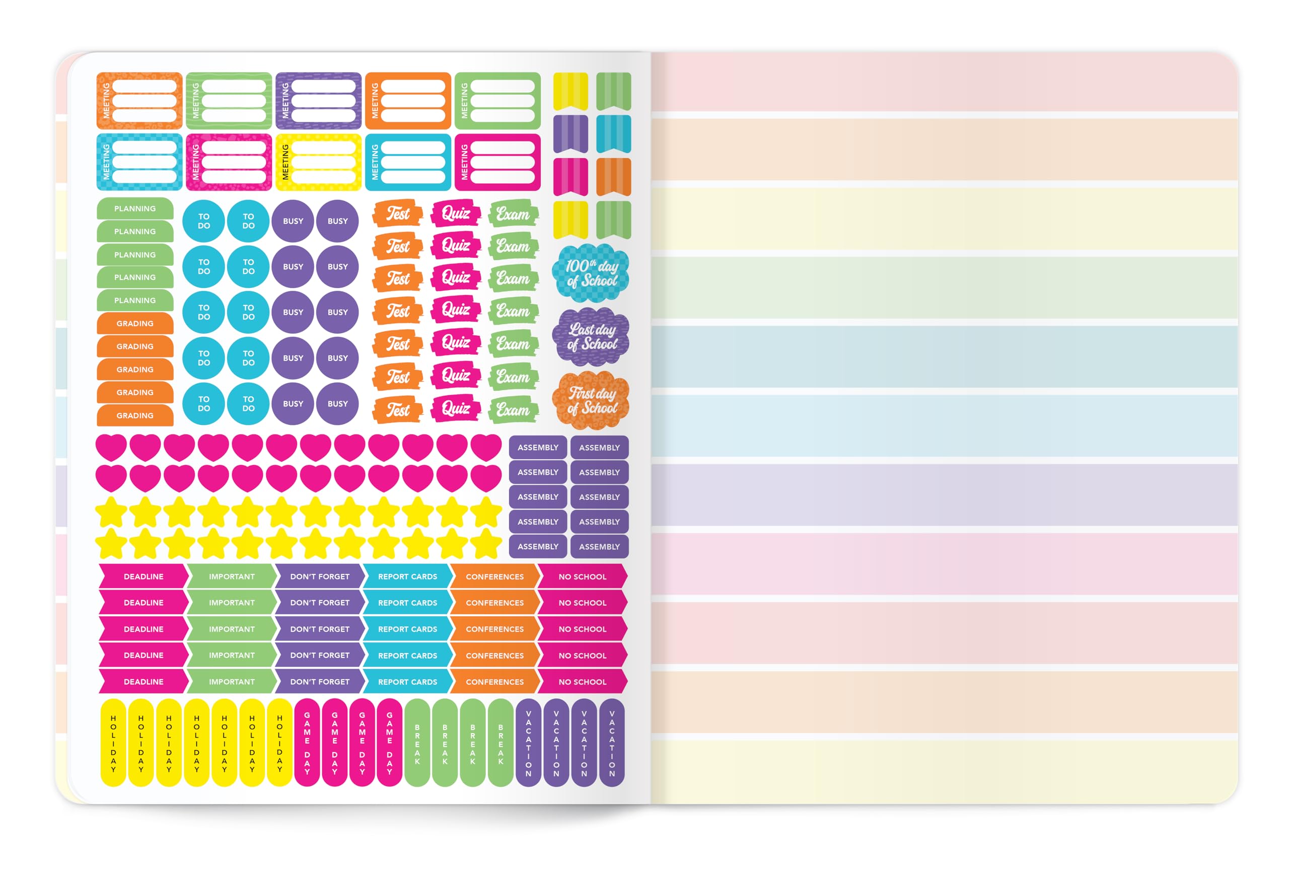 Astrobrights Undated Teacher Planner, 14-Month Layout, Flexible Cover, 8.5" x 11", Premium 28 lb. Paper, 200 Stickers, Good Day Rainbow (91161) - Image 7
