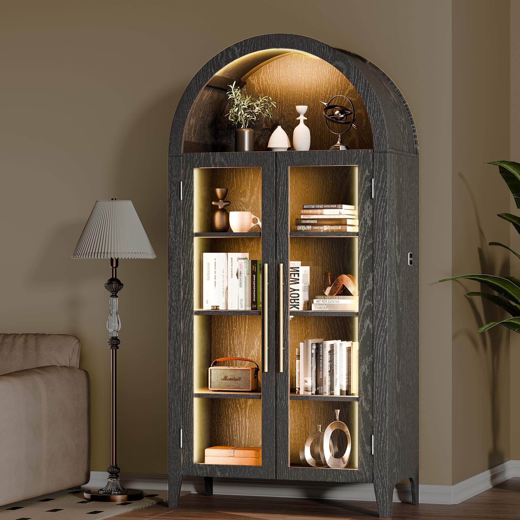 Arch Storage Cabinet with Tempered Glass Door, 71” Arched Display Floor Cabinet, 5 Tier Farmhouse Buffet with Storage for Dining Room, Living Room, Home Office or Kitchen(Black)