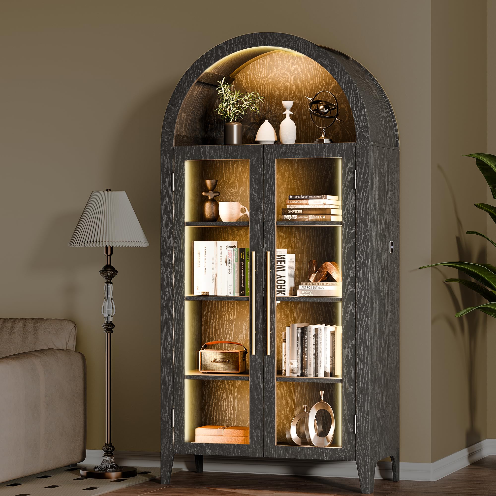 infurnic Arch Storage Cabinet with Tempered Glass Door, 71” Arched Display Floor Cabinet, 5 Tier Farmhouse Buffet with Storage for Dining Room, Living Room, Home Office or Kitchen(Black)