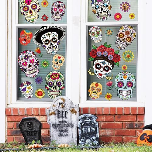 Miniatura 2 de Whaline 9 hojas de calcomanías para ventana con diseño de calavera de azúcar de doble cara para Halloween, patrones de flores coloridas, calcomanías