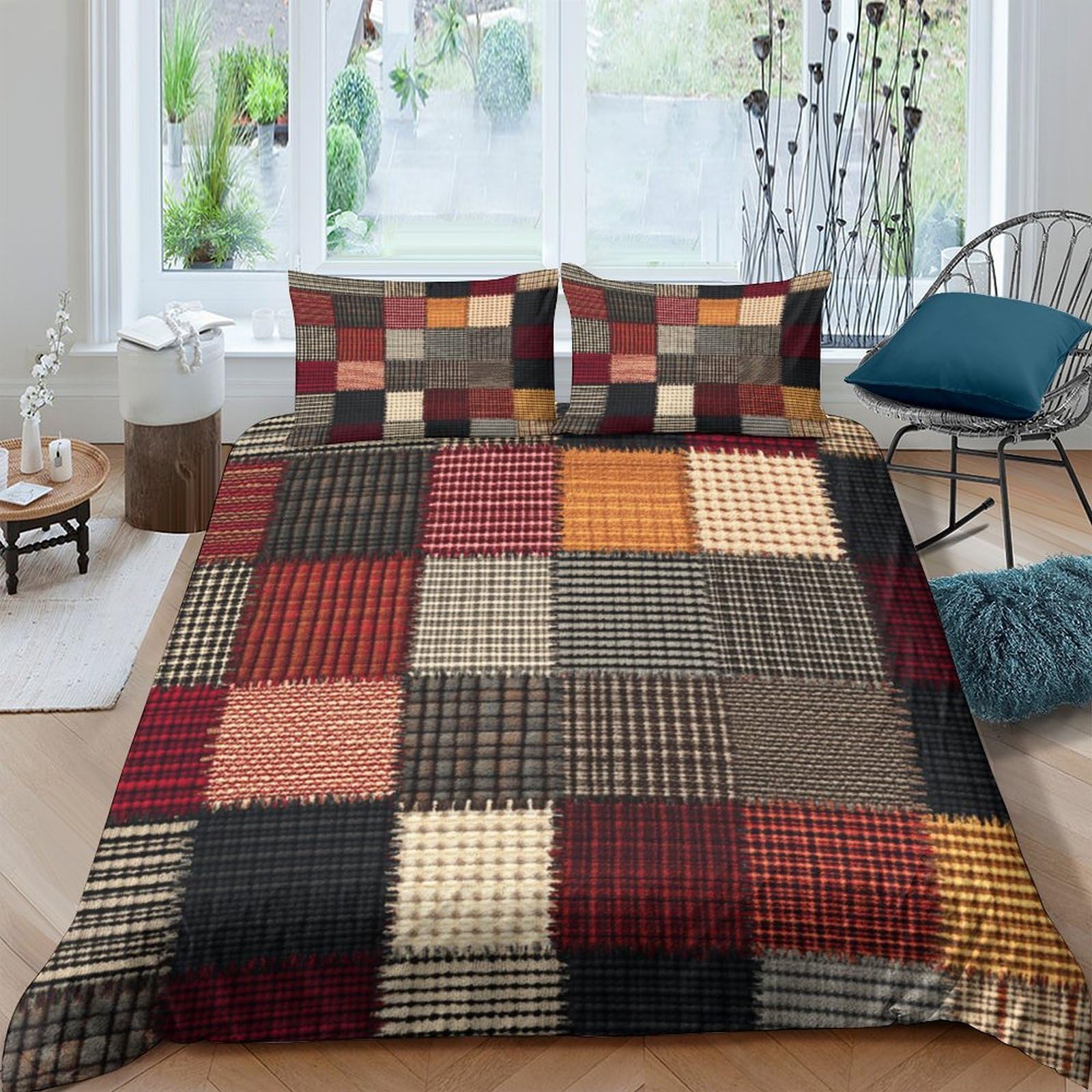 Ctjqhvkz Style-2 3D Printed Patchwork Geometric Fitted Sheet Microfiber Soft Multicolor Vintage Plaid Bed Cover For Bedroom Guestroom Dorm Mattress Protection Single（135X200cm）