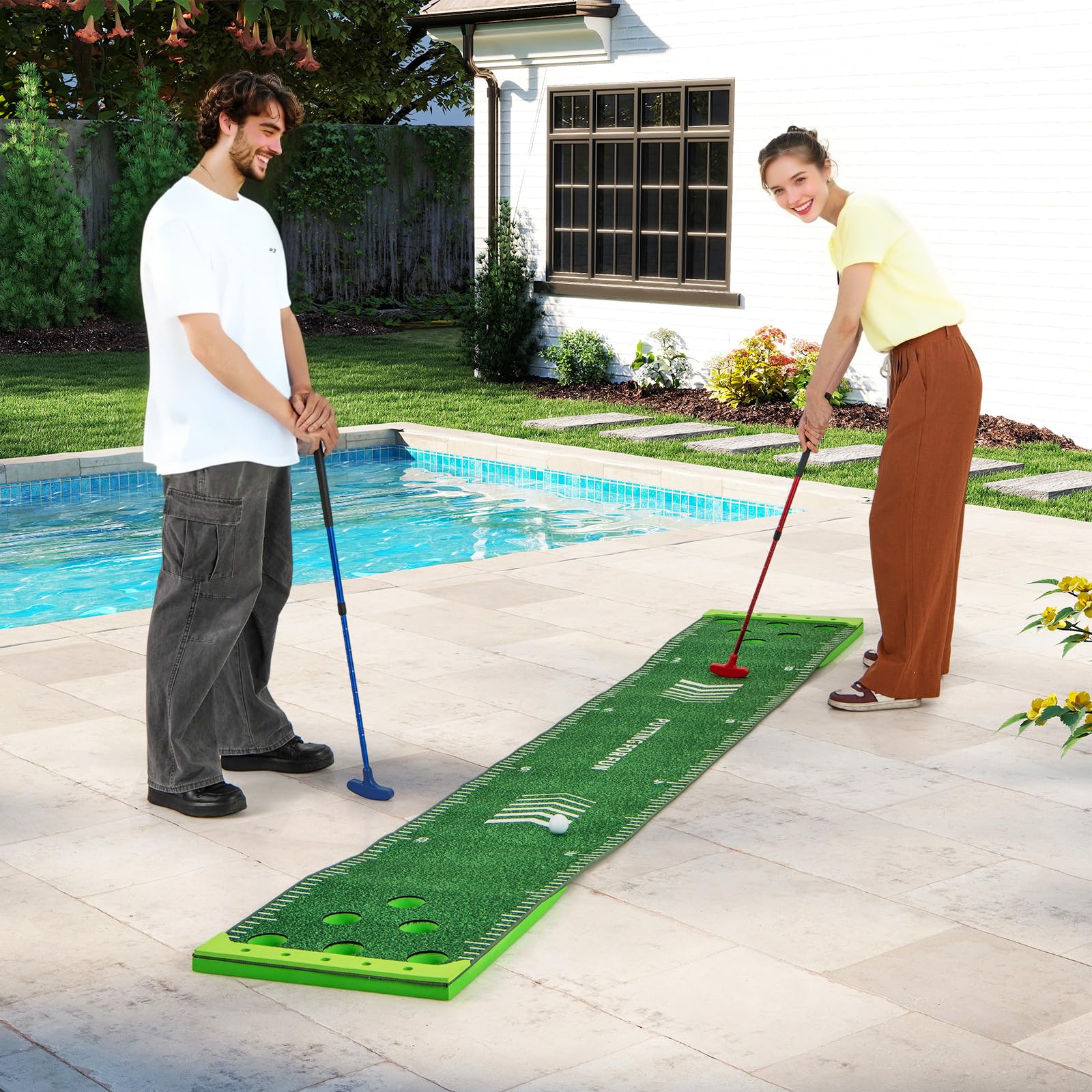 COSTWAY Juego de Golf Pong, Alfombra de Putting de 332 cm con 2 Putters Ajustables, 6 Bolas y 12 Tapas para Agujeros, Alfombrilla de Entrenamiento de Golf Interior Exterior Jardín Oficina