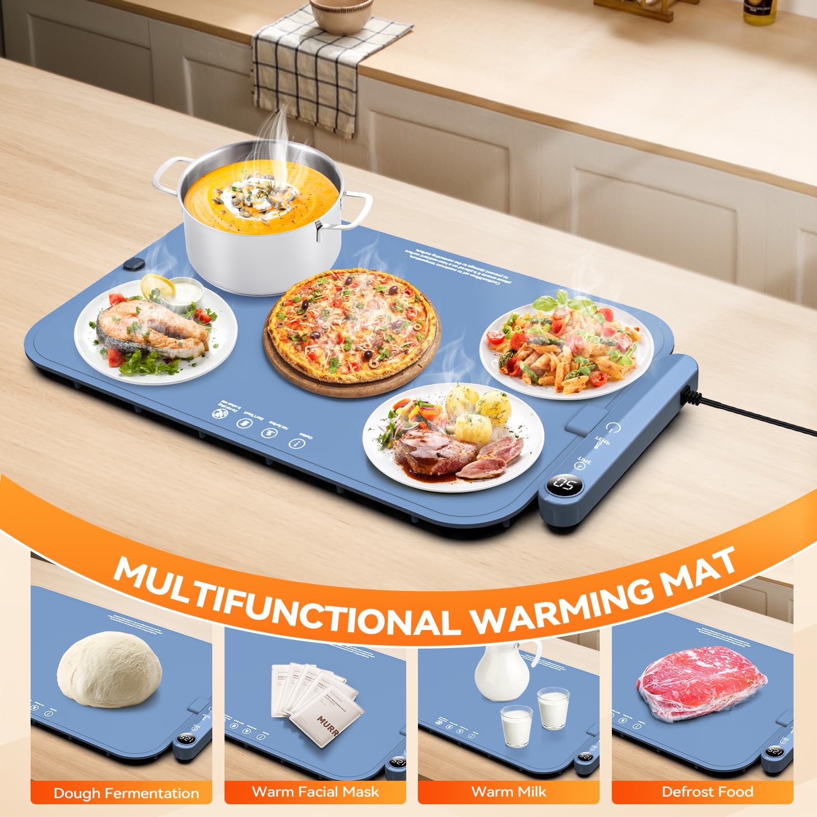Warmhalteplatte Elektrisch mit Graphen Heizung 6-stufige Temperaturregelung 50-100°C 6h Timer Food Warmer Mat