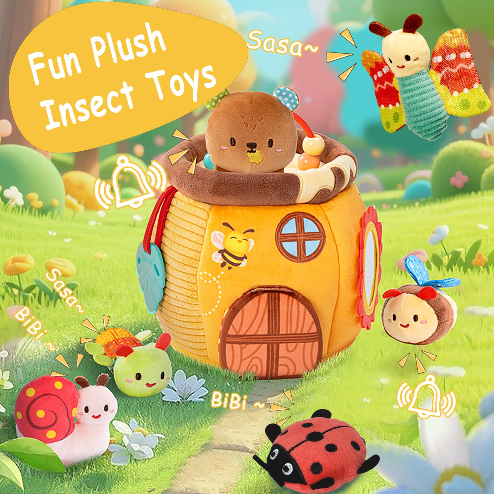 Bambini Giochi Montessori 1 Anno - Casa Delle Api in Peluche con 6 Insetti Neonato, Giochi Sensoriali per Neonati con Specchio, Sonaglio, Giochi Dentizione, Regalo 6 9 12 18 Mesi Bimbo Bimba