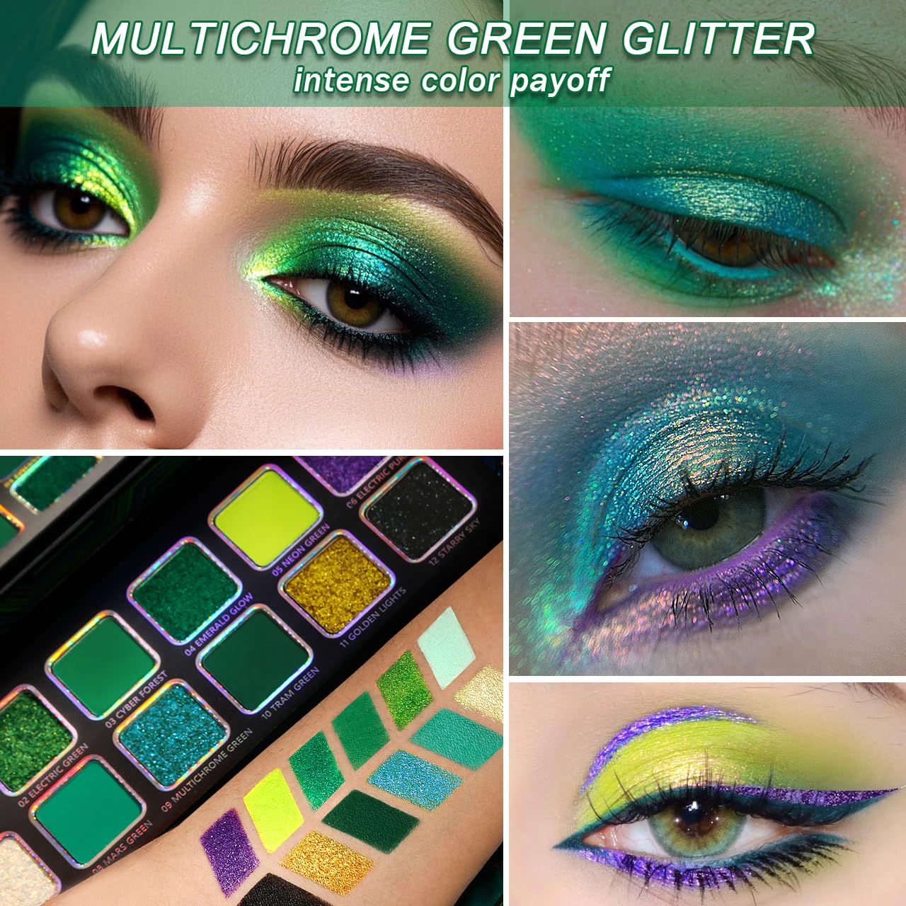 Afflano Multichrome Green Eyeshadow Palette Pressed Pigments, Color-Shifting Emerald Green Glitter Eyeshadow Palette - Image 4