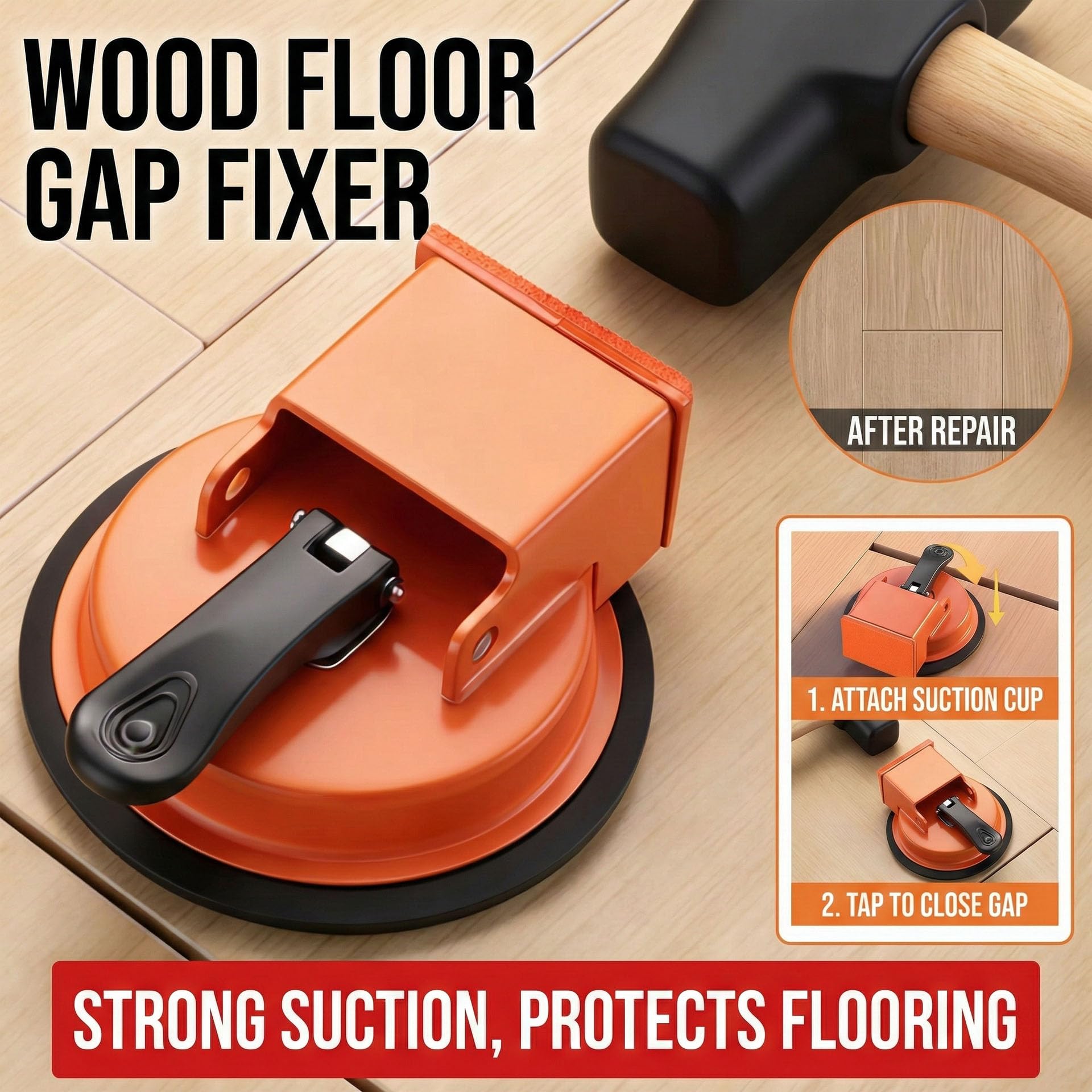 HUBAI Floor Gap Fixer Tool, Heavy Duty Laminate Floor Suction Cup Repair Tool, for Laminate, Wood, Tile, Vinyl Floor Gap Repair Tool - Durable, Compact, & Efficient Flooring Tools (Orange) - 2