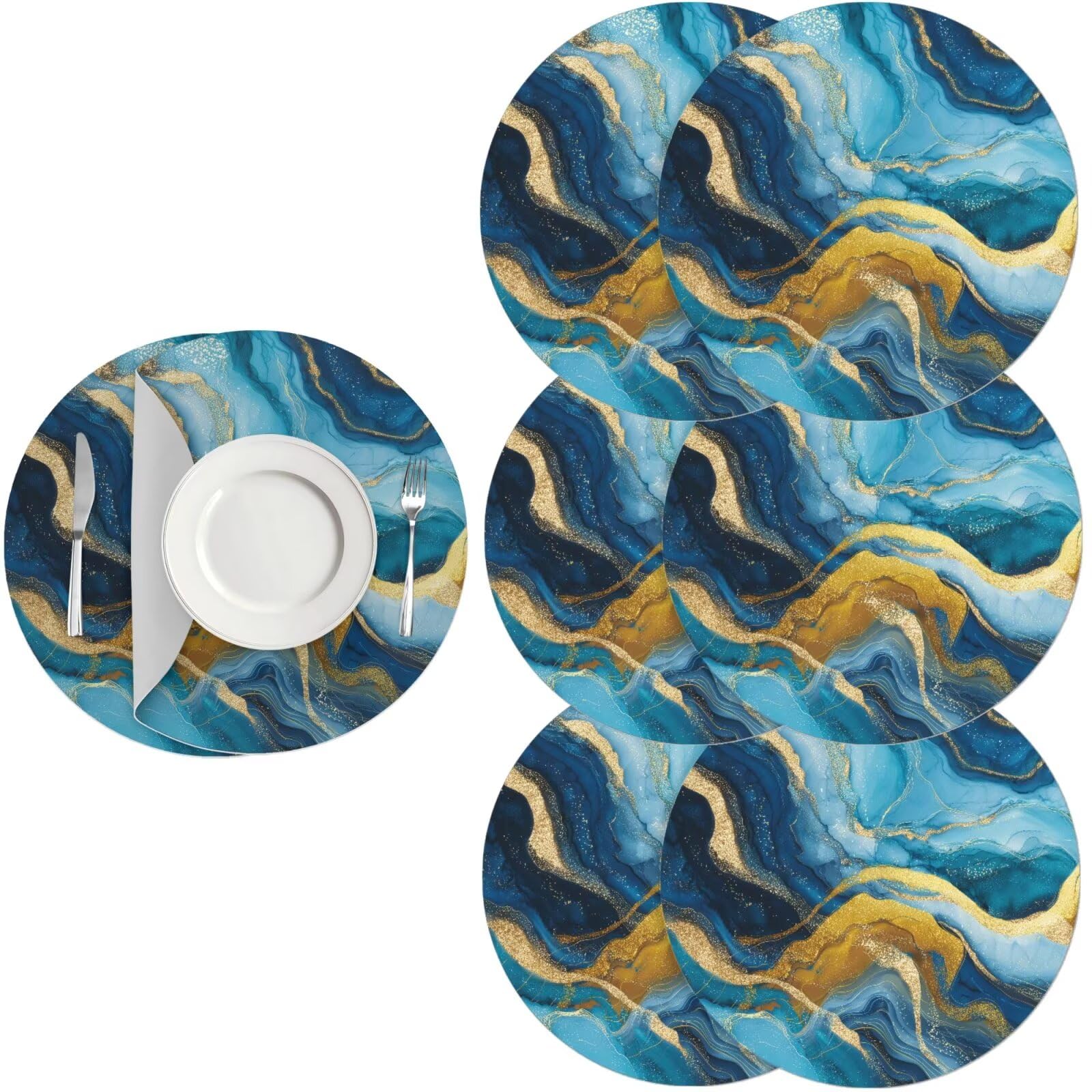 Generic Blue Marble Round Place Mats Set of 6 Leather Placemats Wipeable Reversible Kitchen Table Mats Set of 6 Washable for Kitchen/Dining/Party/Outdoor Decor โ image 1