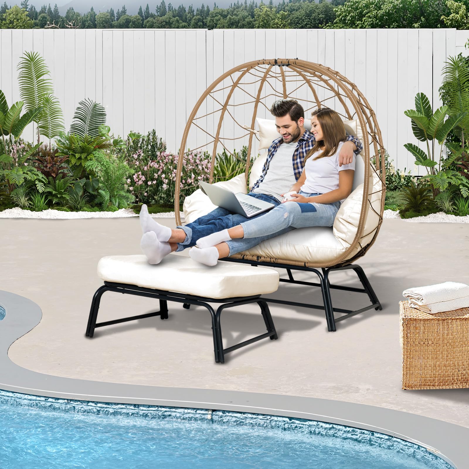 Nevsokio Double Wicker Outdoor Egg Chair,Lounge Chair with Ottoman,Oversized Patio Chair with Footrests,Cushions, Outdoor Indoor Rattan Chair (Rope,