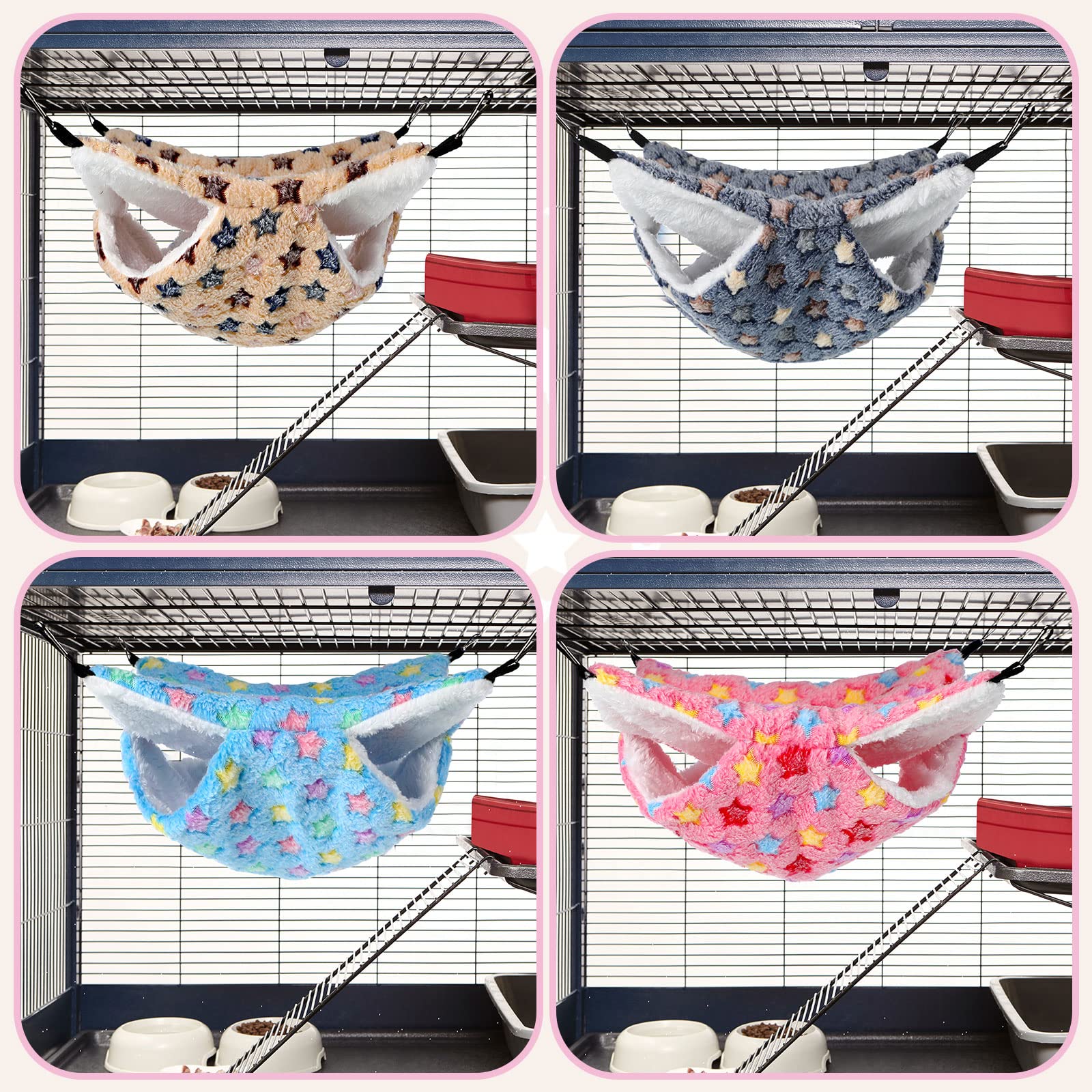 4 Hamacs pour Petits Animaux Hamacs Suspendus pour Cochons d'Inde Lits à Suspendre pour Furet Cachettes de Couchage pour Rat Accessoires de Cage en Polaire pour Hamster (Étoile)