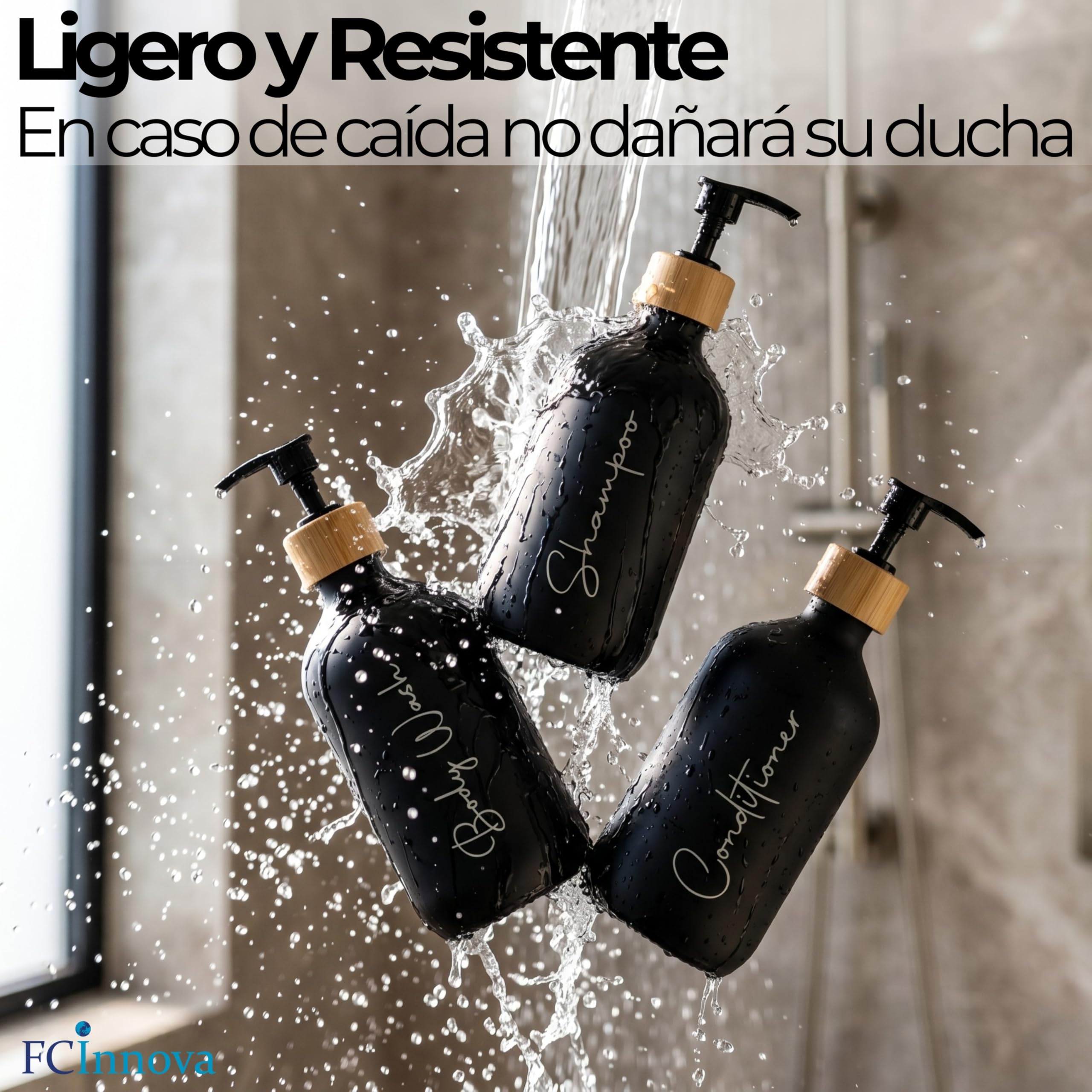 Dispensador Jabon Baño Negro Mate 500ml Set de 3 Botes para Gel y Champu Acondicionador Embudo para Rellenado Este Dosificador Jabon Baño es Elegante practico y mantendra su Ducha ordenada