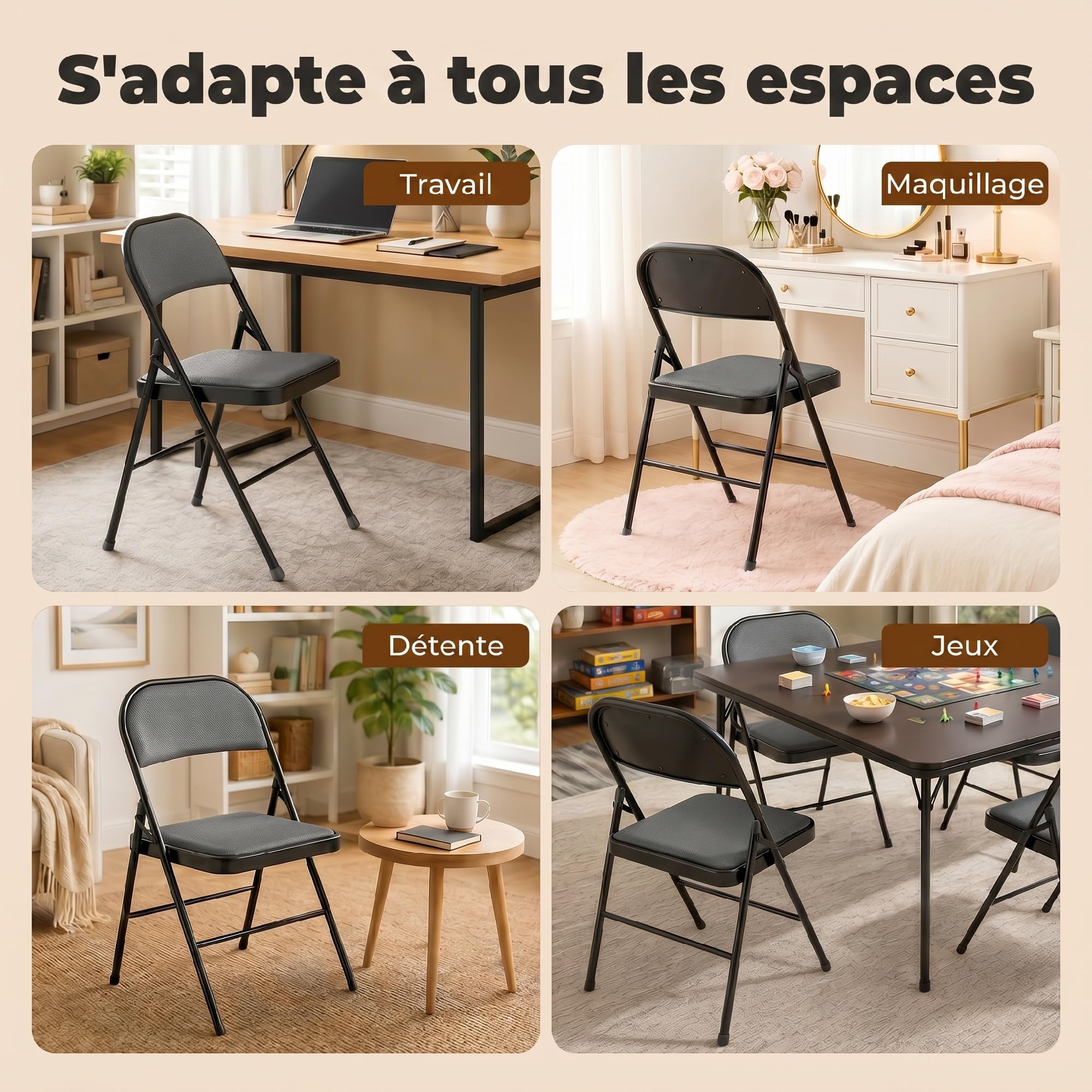 HOMCOM Lot de 4 chaises Pliantes chaises de Salle à Manger Portables Chaise Pliable d'intérieur avec Coussin en revêtement synthétique et Cadre en Acier dim. 45l x 46P x 78H cm Noir