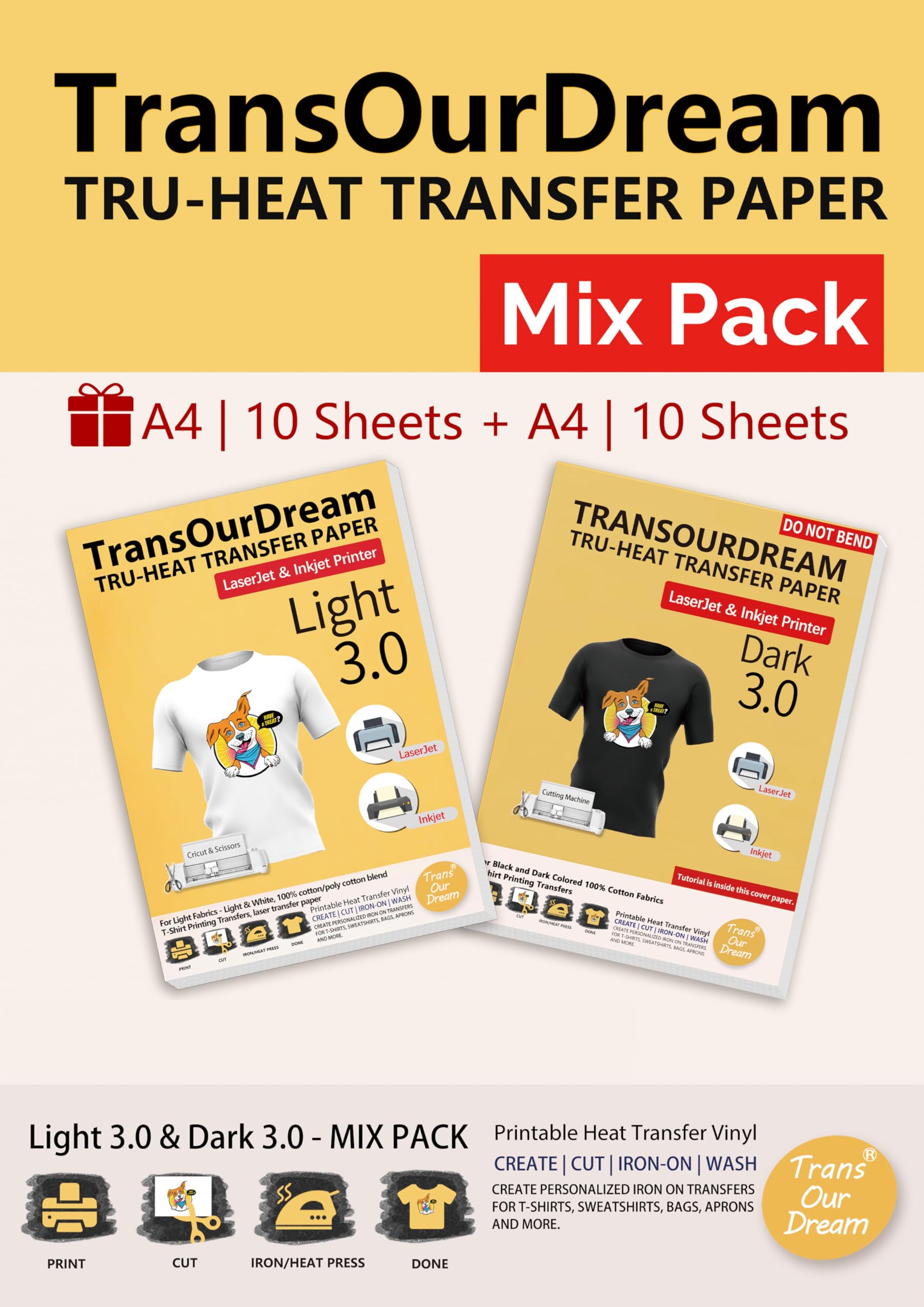TransOurDream Iron-on Printable Heat Transfer Vinyl 3.0 Transfer Paper for Dark and Light Colored Fabrics-Inkjet & Laser Printer Mix Pack 10+10 Sheets A4