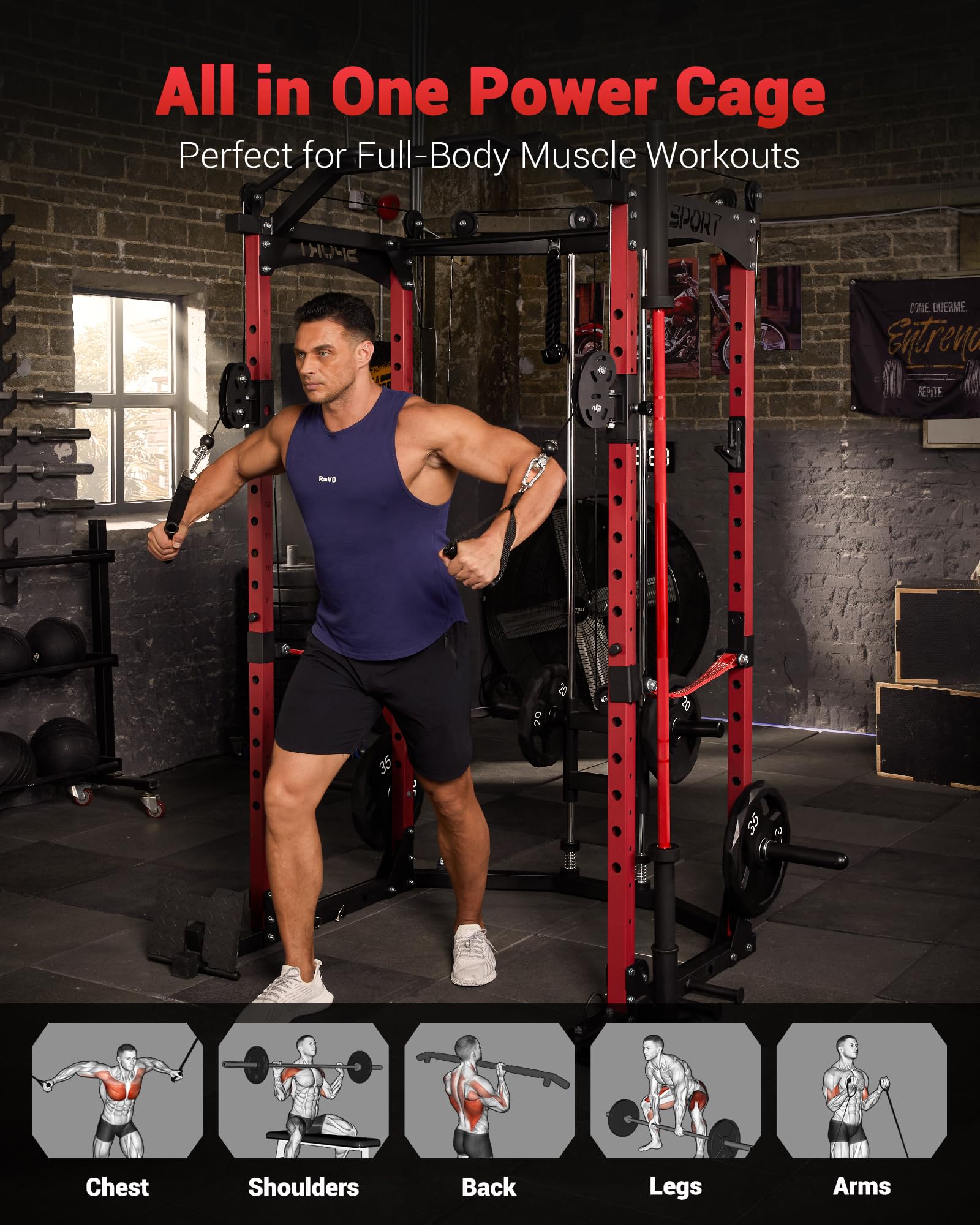 GarveeLife Power Cage, Multi-Functional Power Racks for Home Gym with Cable Crossover System, 1600LBS Weight Capacity Fitness Squat Rack for Strength Workout with More Training Attachment, Red