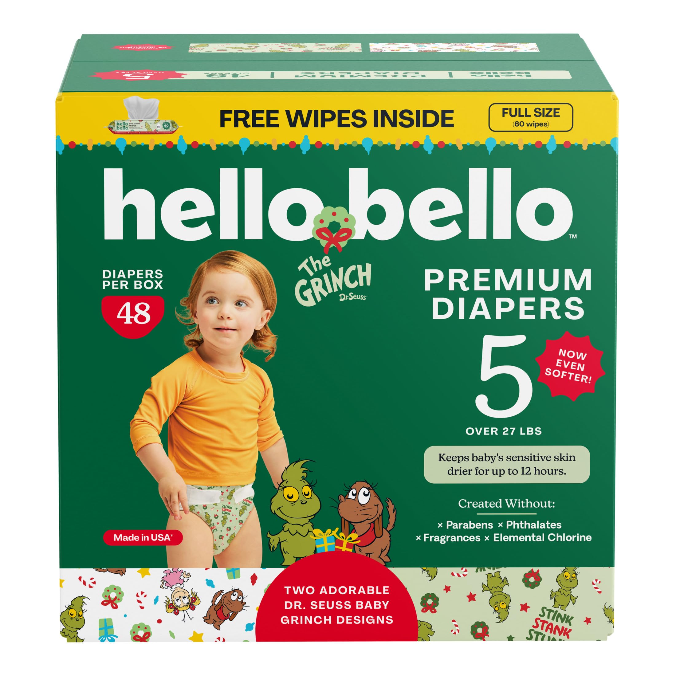 Hello Bello Dr Seuss Baby Grinch Premium Diapers Size 5 27 lbs 48ct Plus Bonus Wipes Softness Protection