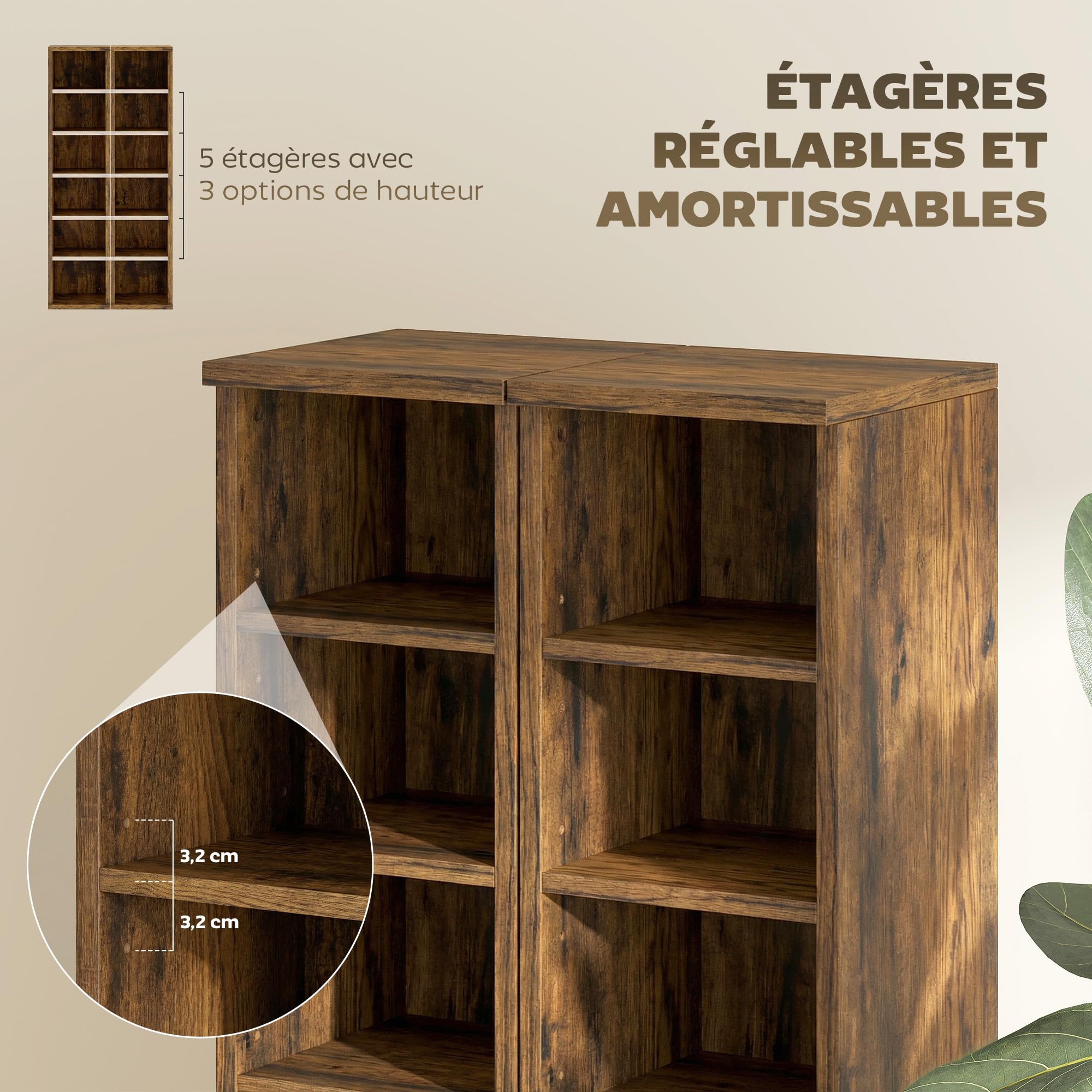 HOMCOM Lot de 2 étagères colonnes Armoire de Rangement CD-DVD 6 + 6 Compartiments 21 x 22,5 x 88,5 cm capacité Max. 204 CD Brun Rustique