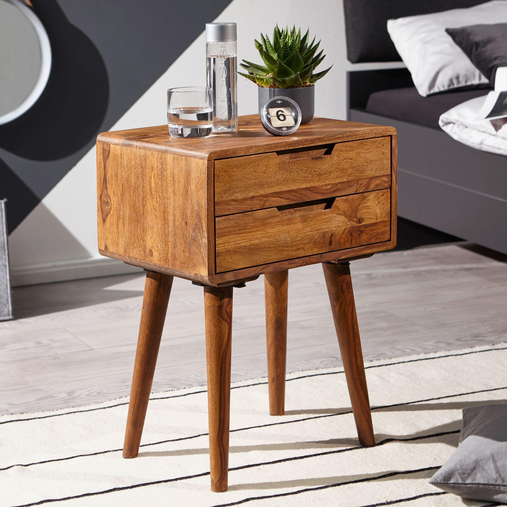 WOHNLING Konsola Nocna 47x36x66 cm Lite Drewno Sheesham, 2 Szuflady | szafka nocna w stylu rustykalnym z elementy retro, komoda nocna do łóżka kontynentalnego, ręcznie wykonany unikat