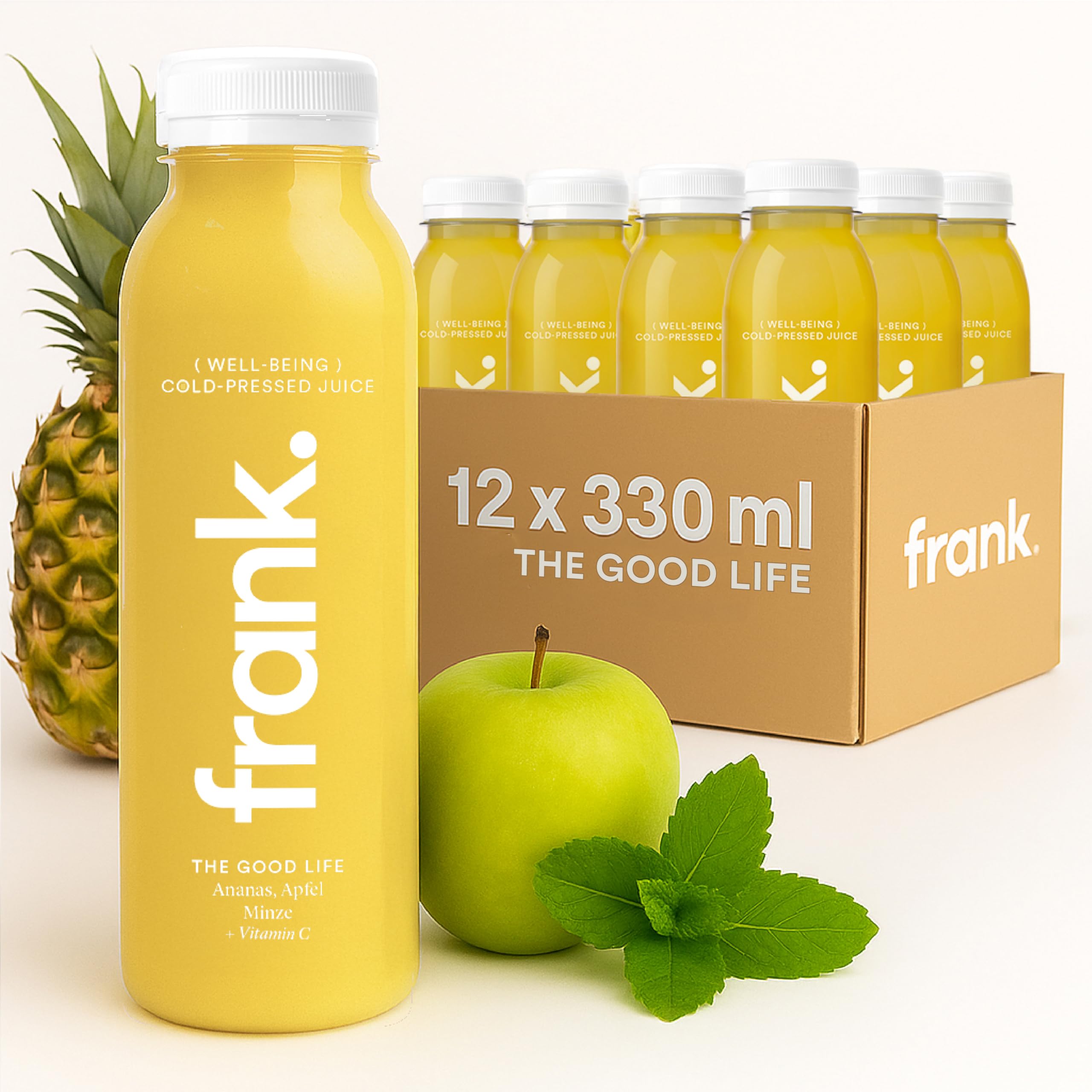 FRANK JUICE THE GOOD LIFE – kaltgepresster veganer Saft | 12 x 330 ml | Aus Fruchtsäfte & Gemüsesäfte mit Ananas, Apfel und Minze, inkl. EINWEG-PFAND 3€