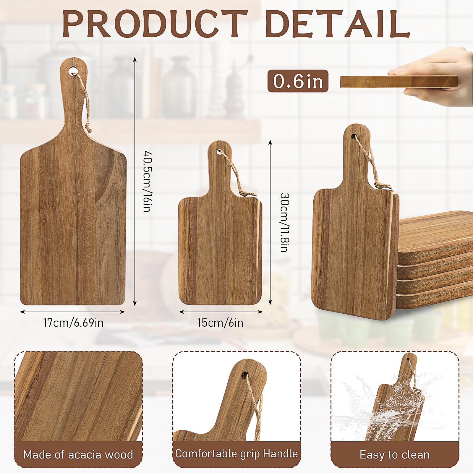10er Set Akazienholz Schneidebrett mit Griff, 2 Größen Küchenschneidebrett Holz, Groß Servierbrett Holz für Fleisch Brot Gemüse Käse Tapas Pizza (40x17 / 30x15cm)