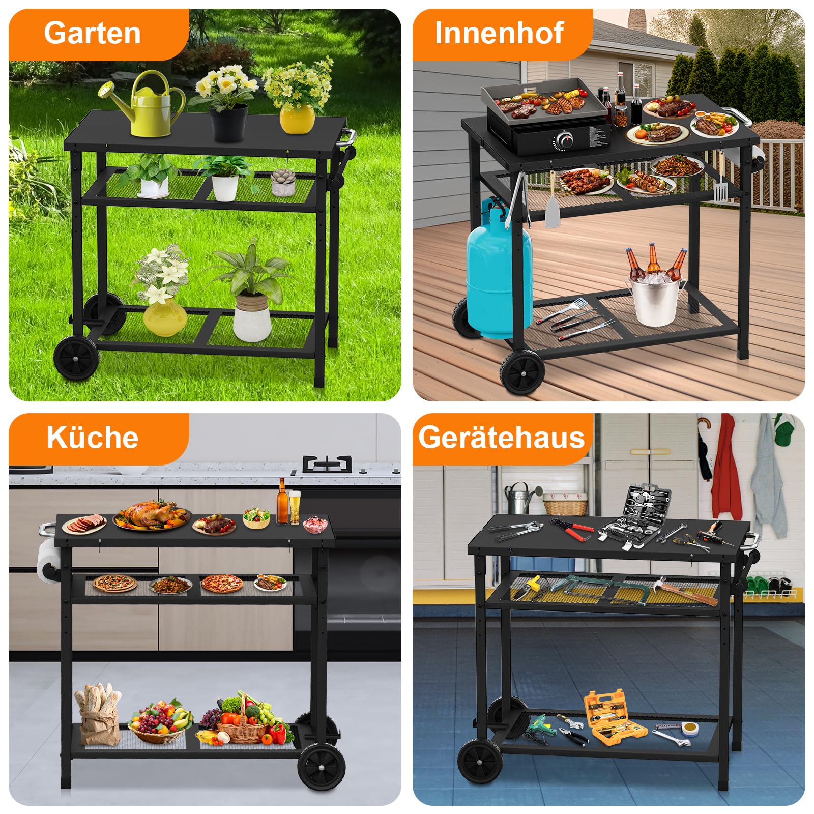 Carro de barbacoa al aire libre - Mesa portátil para horno de pizza con ruedas, mesa de comedor para exteriores con dos estantes de malla para fiestas en casa, camping, exteriores