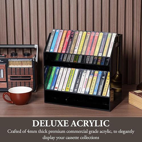 Miniatura 2 de MyGift Soporte para casetes compactos de acrílico negro de 2 niveles con asas de transporte recortadas, cintas de casete de audio retro, soporte de