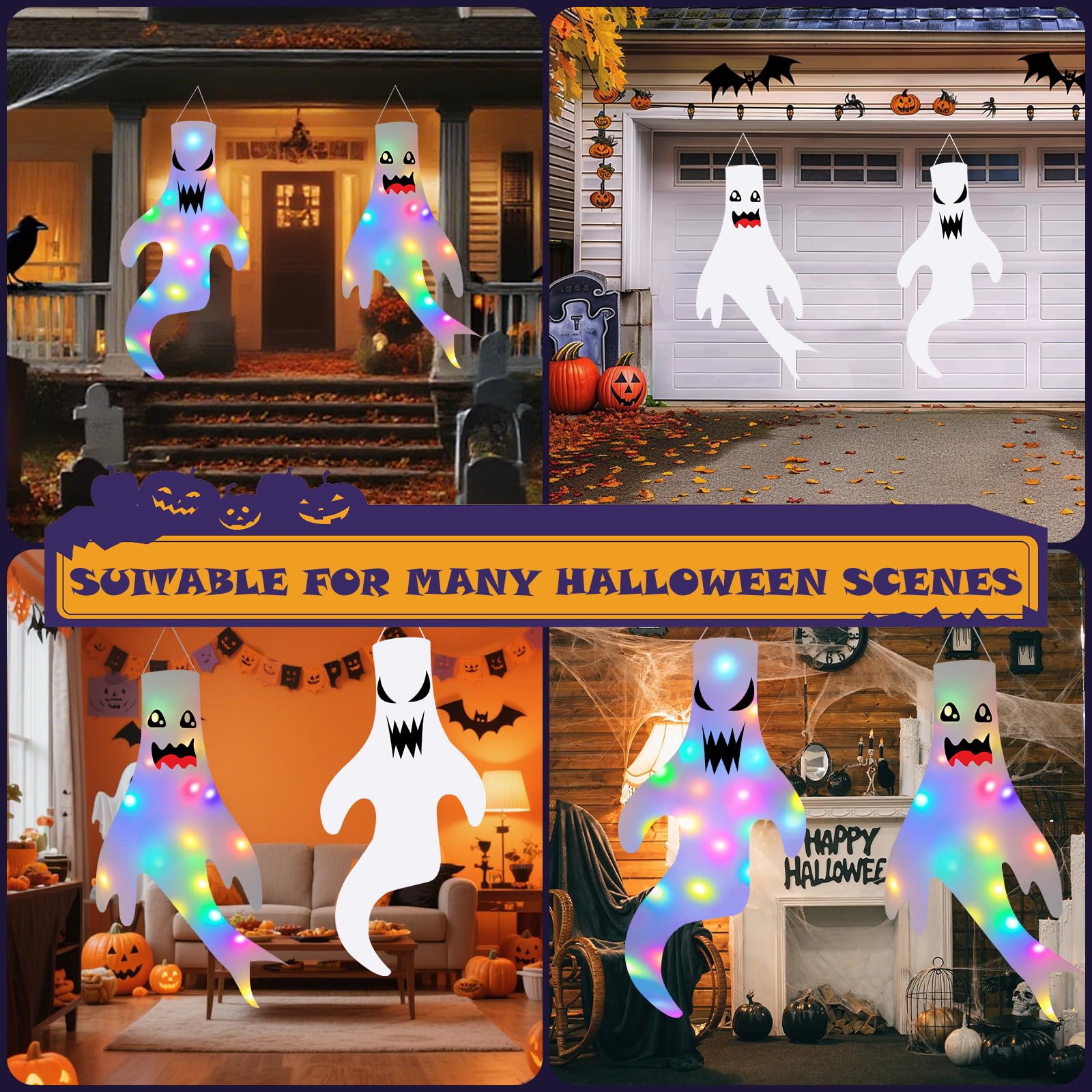 2 Pezzi Decorazione Halloween, Fantasma Manica a Vento con Luci LED, Ghost Windsock per Esterni, Giardino, Cortile, Patio, Casa