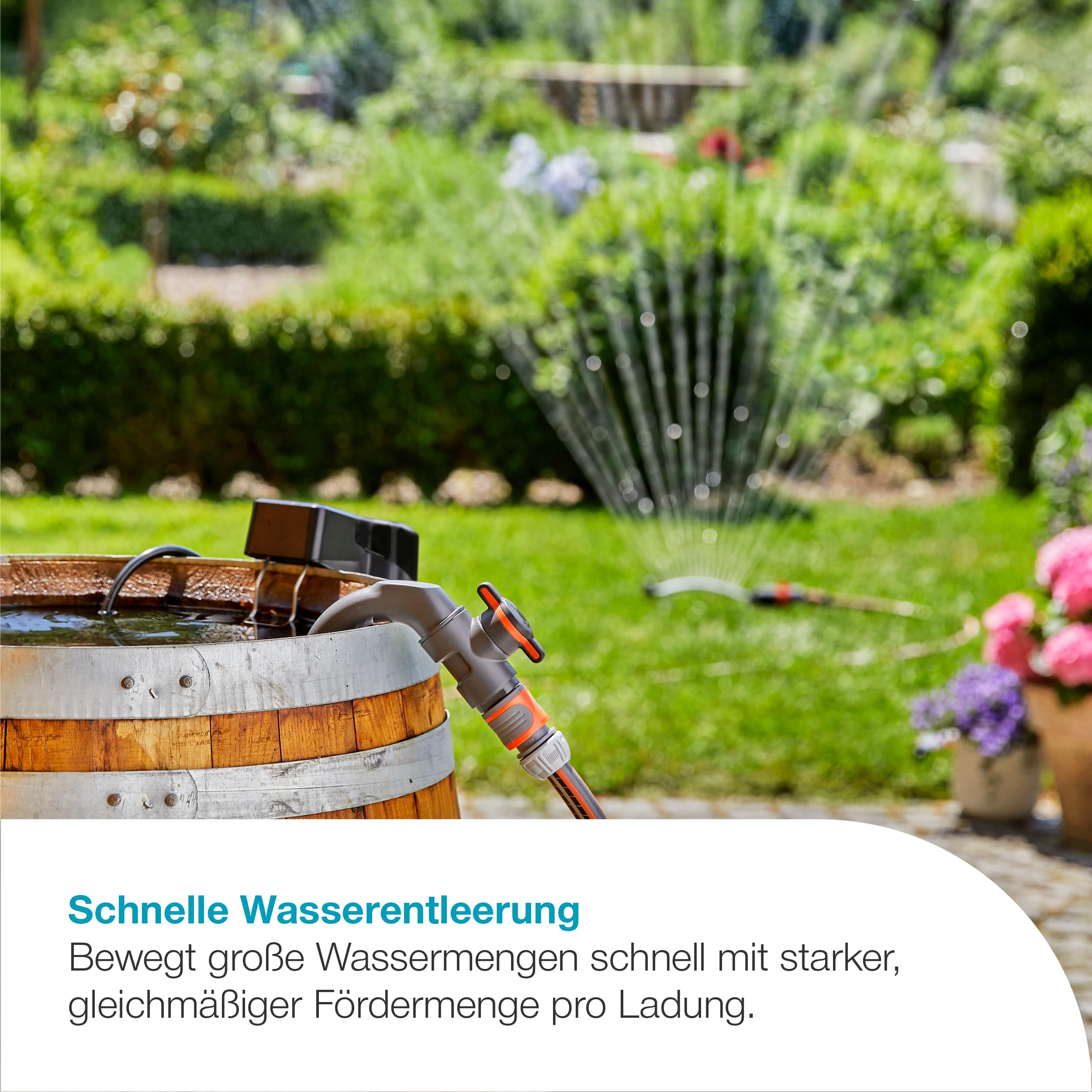 Gardena Akku-Regenfasspumpe 2000/2 18V P4A Ready-To-Use Set: Hohe Fördermenge und Druck, Verstellbare Leistungsstufen, Trockenlaufsicherung, Teleskoprohr, Kabellos (14602-20)
