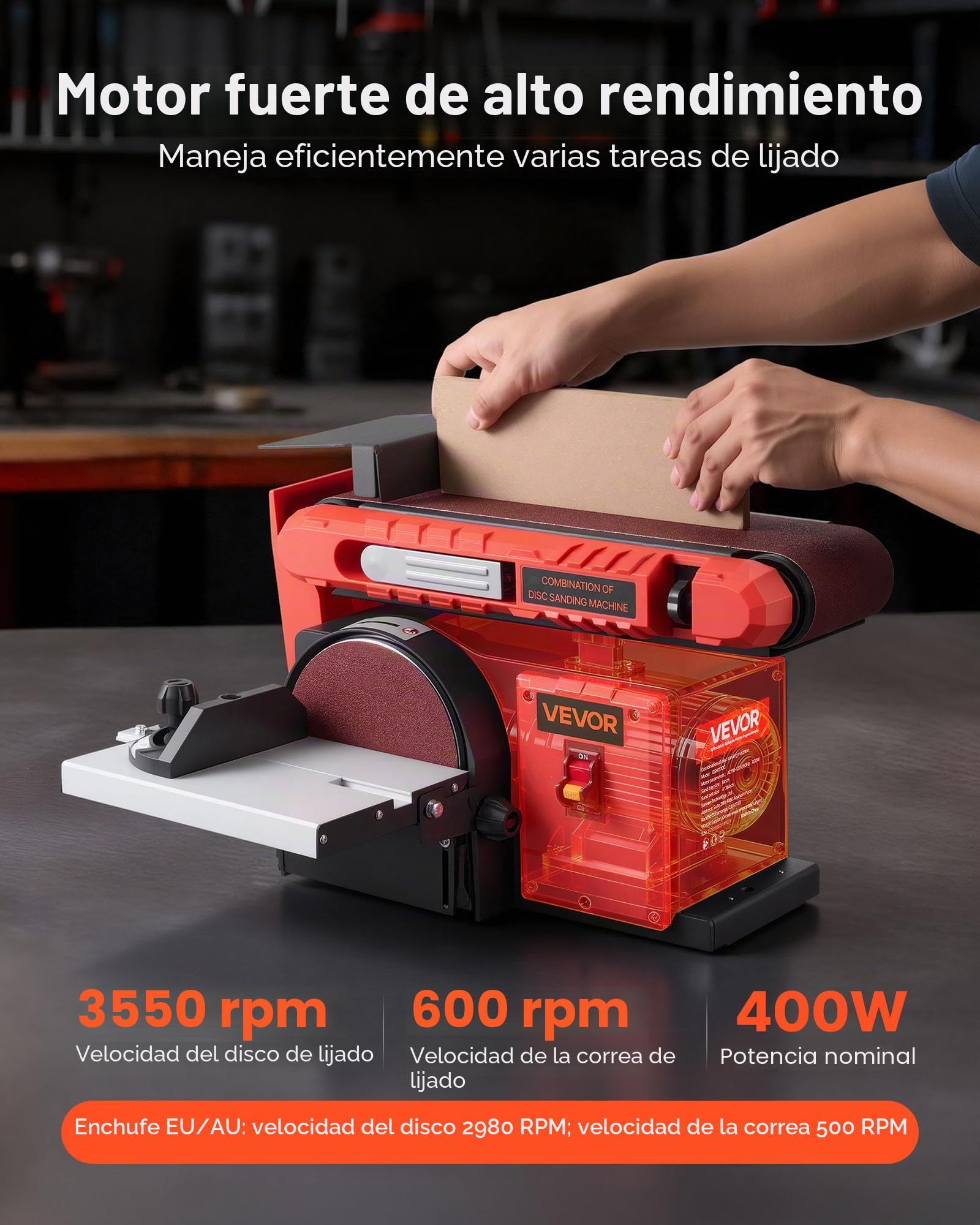 VEVOR Lijadora de Banda y Disco 400 W, con Disco 152,4 mm y Banda 101,6 x 914,4 mm, Mesa de Trabajo Ajustable de 0 a 45° y Puerto de Extracción de Polvo para Carpintería y Afilado de Cuchillos