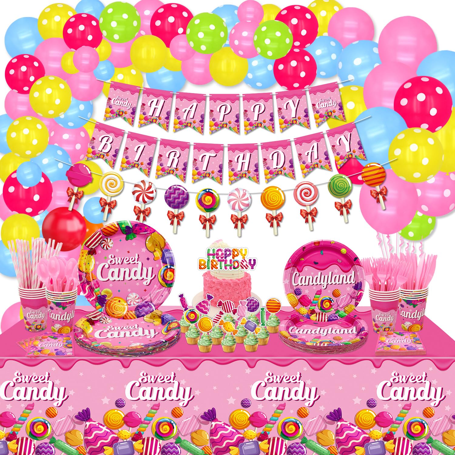 Candyland Party Decorations - Lollipop Theme Birthday Party Decorations Including Balloons, Banner, Plates, Tablecloths, Cups, Napkins, Tableware Sets for Candy Theme Party Supplies - Serve 20