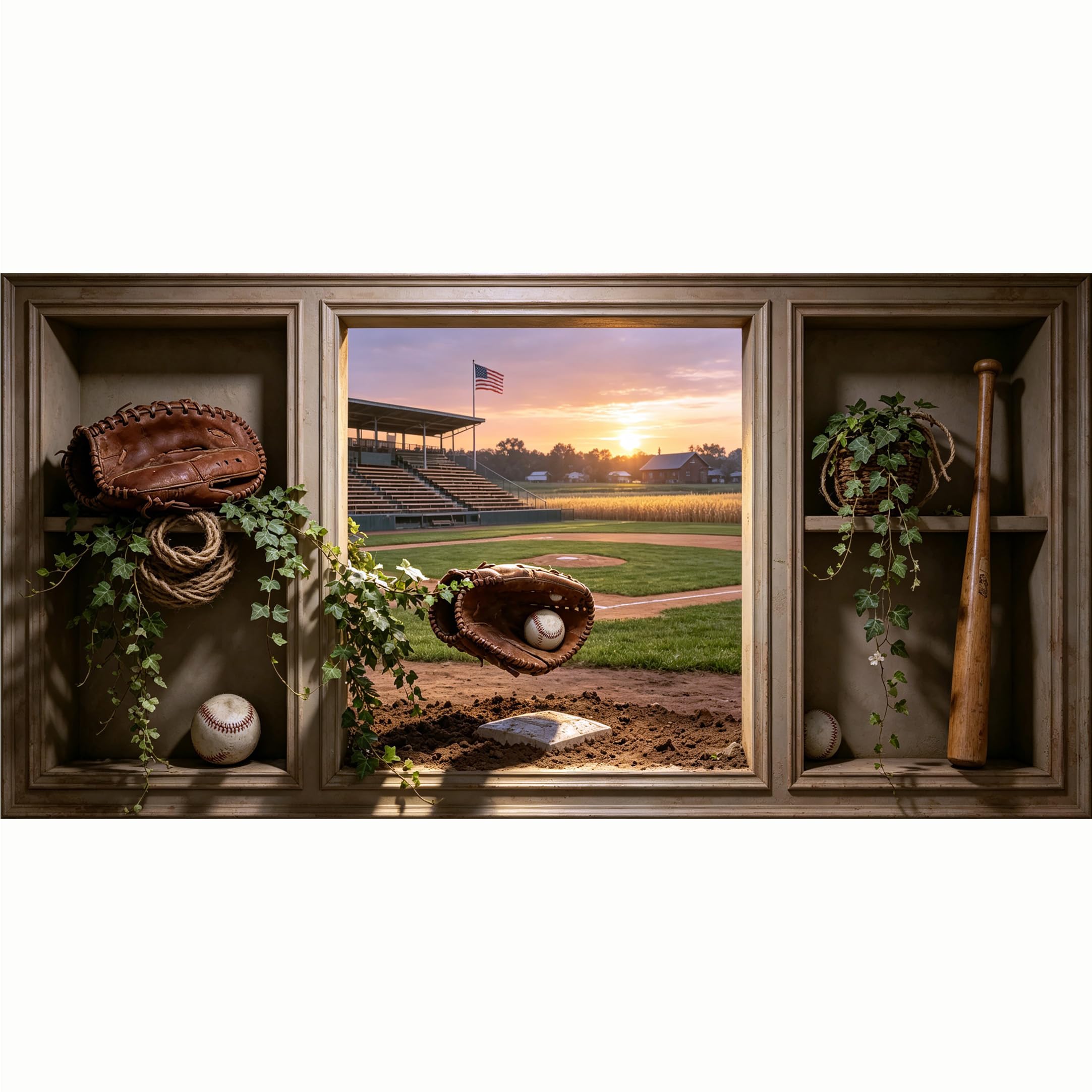 QZLITHOTIC 50x100cm 3D Framed Wall Art， Baseball Field Stadium Sunset Farmhouse Style SelfAdhesive Mural， WaterActivated Peel & Stick Fabric Decor Wall Decal for Bedroom Living Room