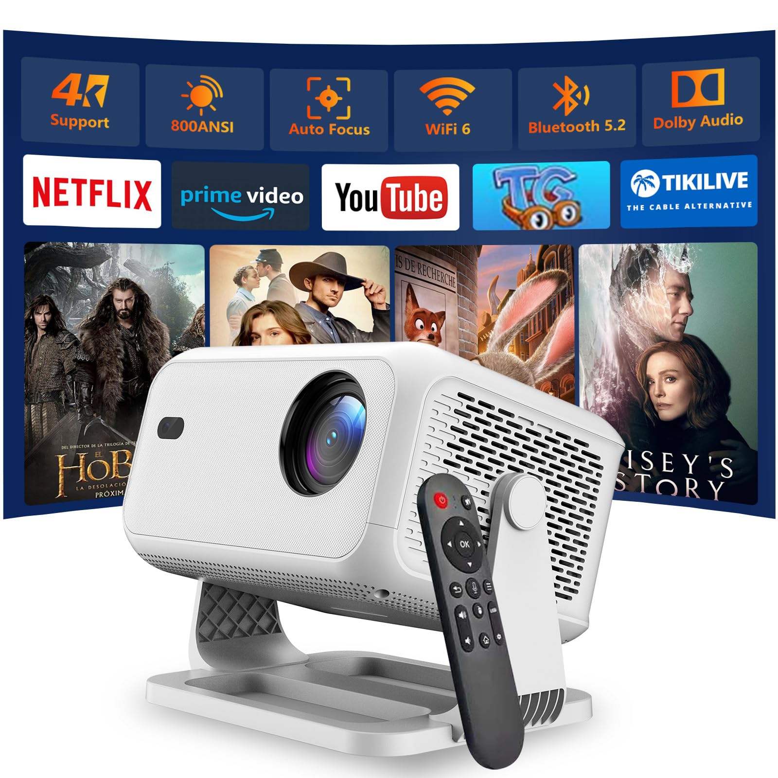 Smart Proiettore Portatile Compatibile con Netflix Autofocus Correzione Trapezio 600 ANSI WiFi6 Bluetooth HD 1080P VNEIMQN Supporto 4K Proiettori Smart per Home Cinema/Esterno (L350-Standard)