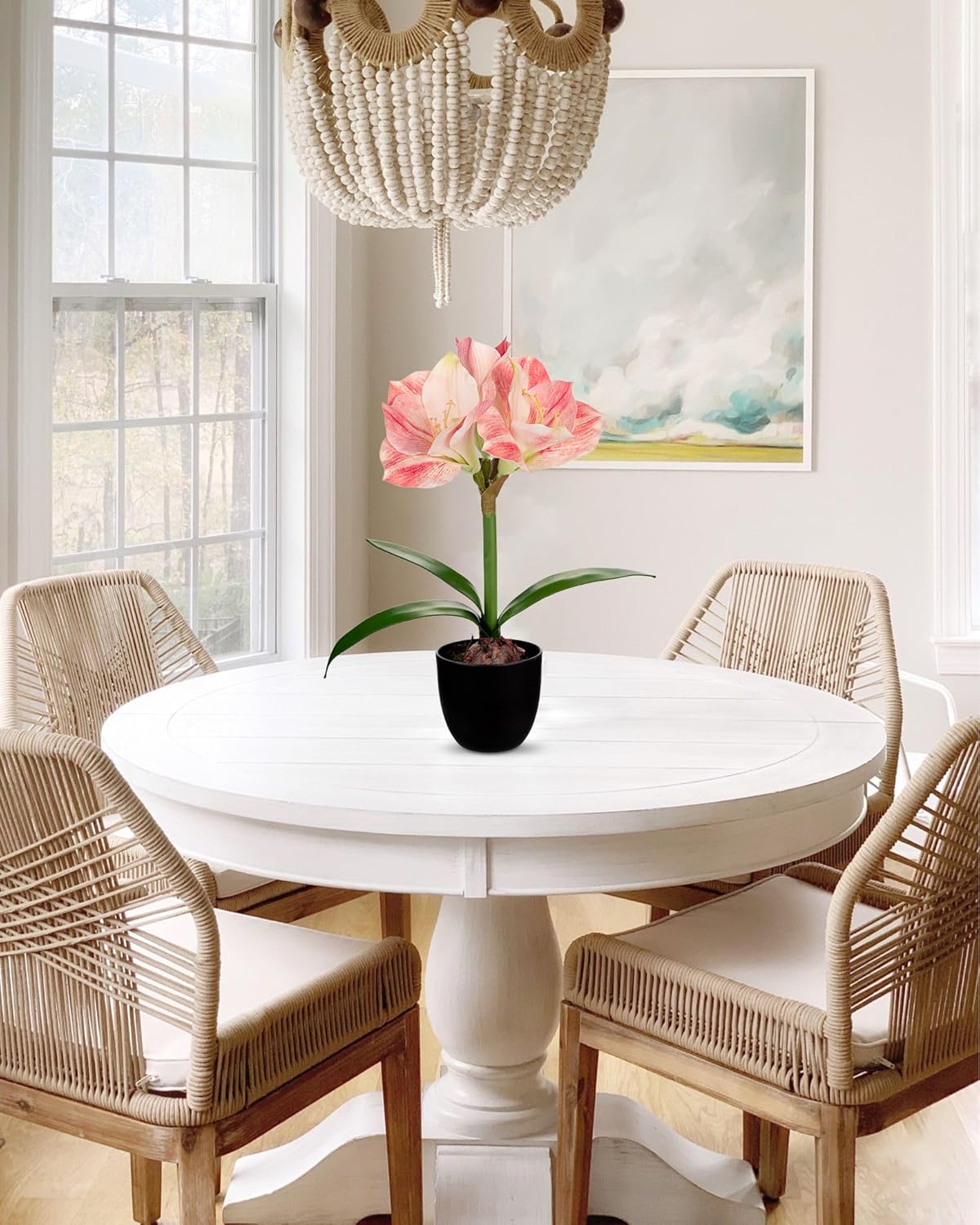 Briful Amaryllis Fake Flowers 17.3'' Tall Silk Amaryllis Plant in Black Pot Artificial Floral Arrangement with Decorative Bulb for Home Office Bathroom Kitchen Table Holiday Décor(Pink) - Image 7